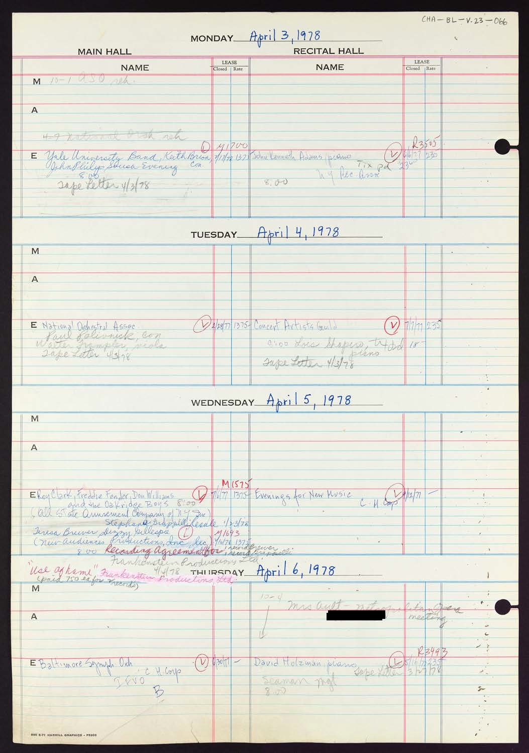 Carnegie Hall Booking Ledger, volume 23, page 66