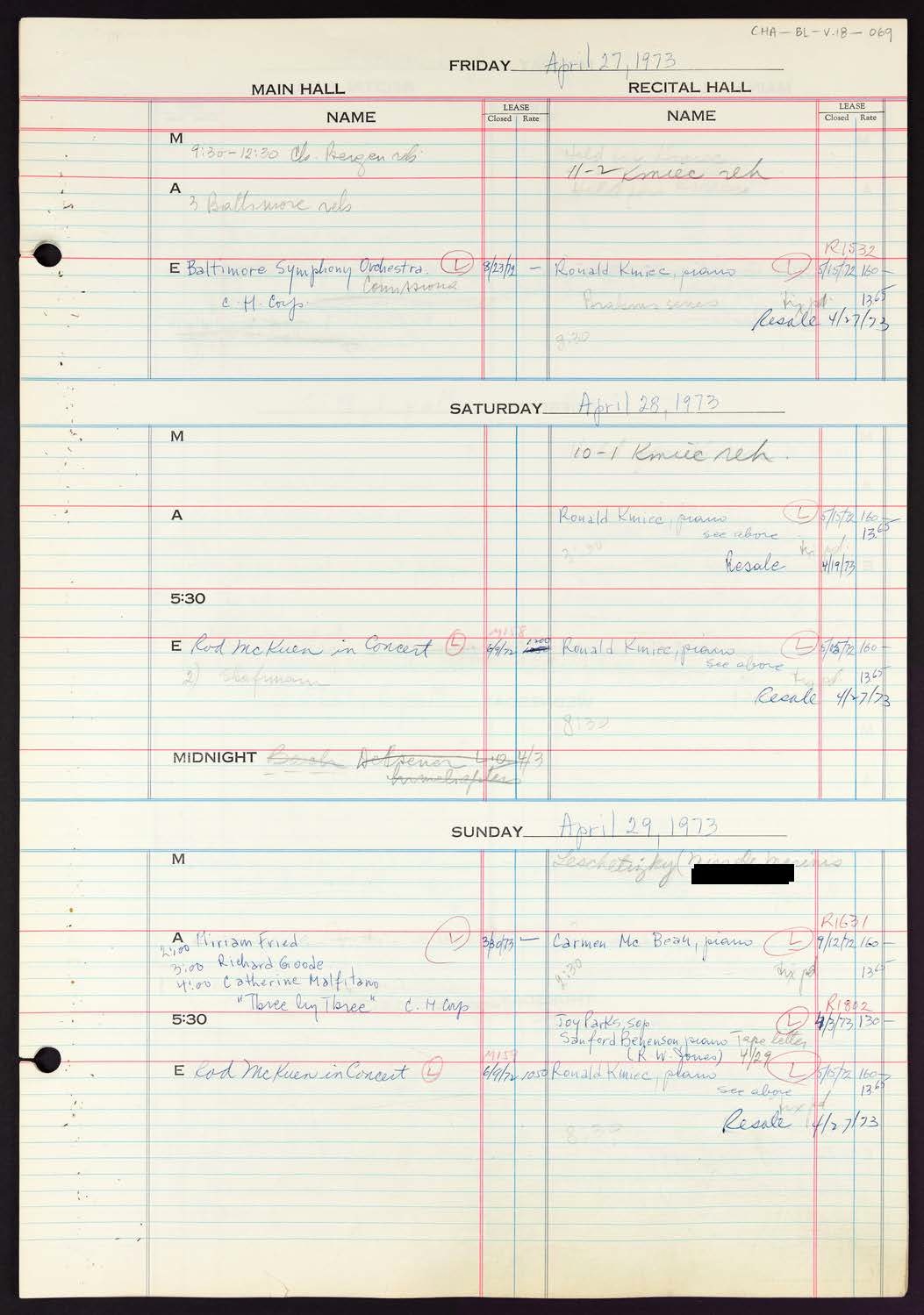 Carnegie Hall Booking Ledger, volume 18, page 69