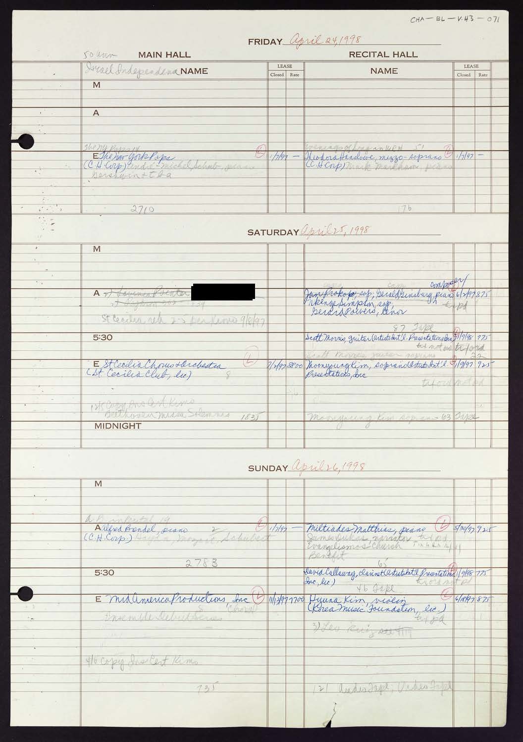 Carnegie Hall Booking Ledger, volume 43, page 71