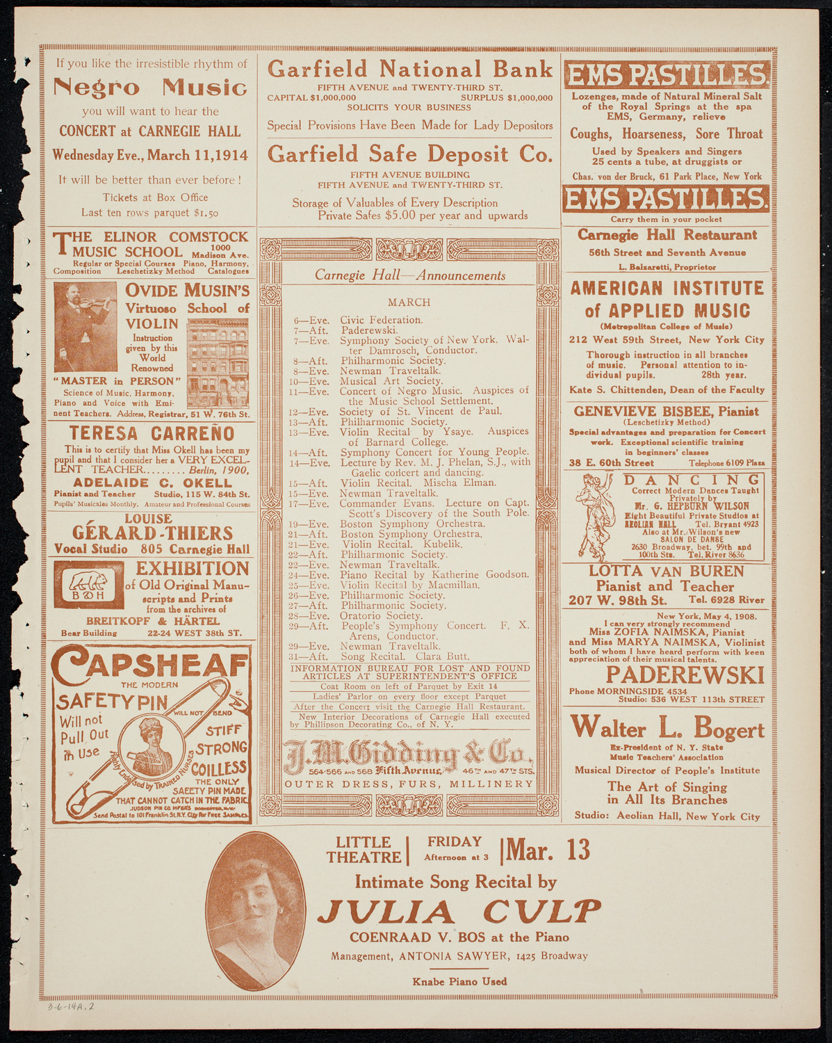 New York Philharmonic, March 6, 1914, program page 3