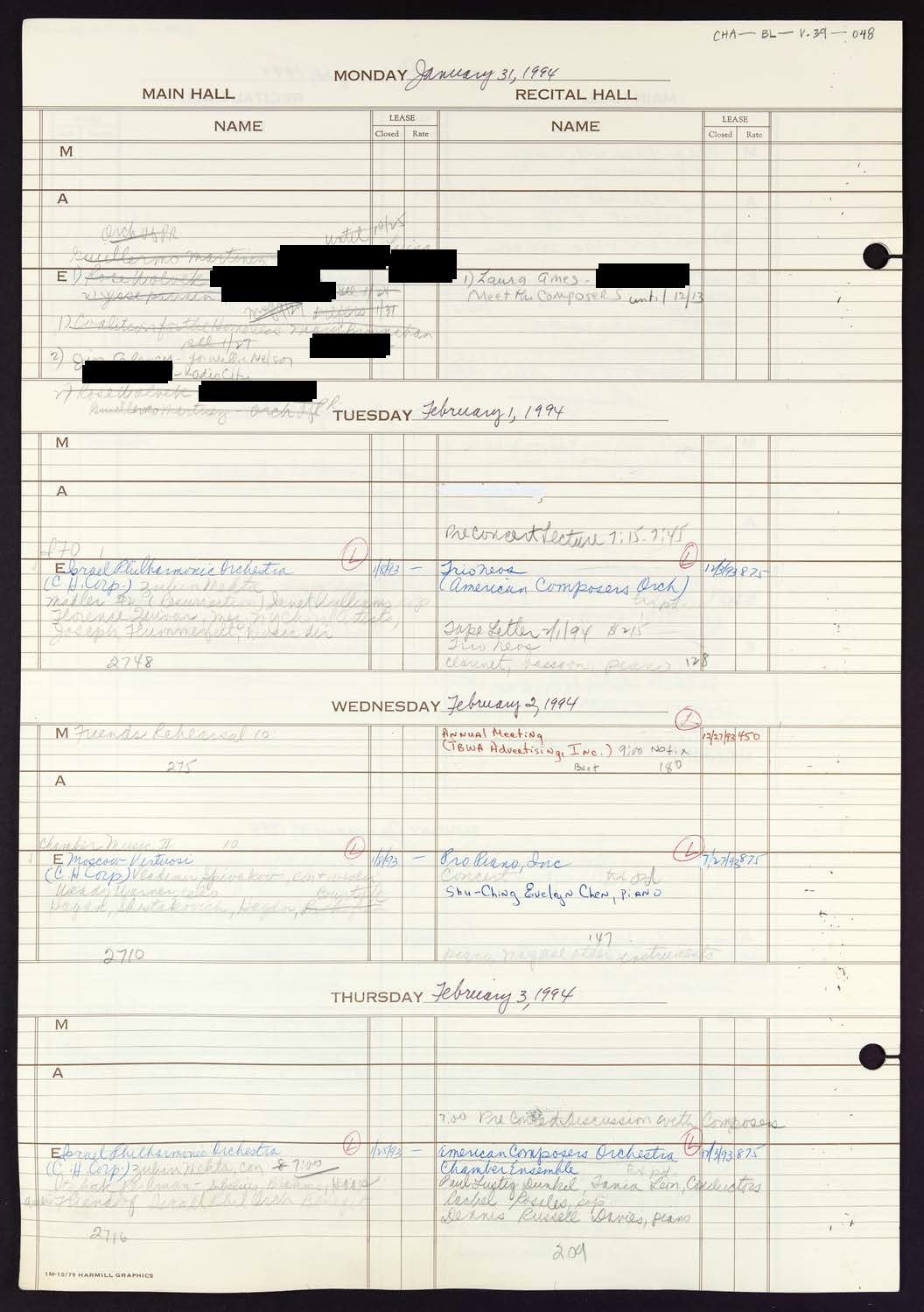 Carnegie Hall Booking Ledger, volume 39, page 48