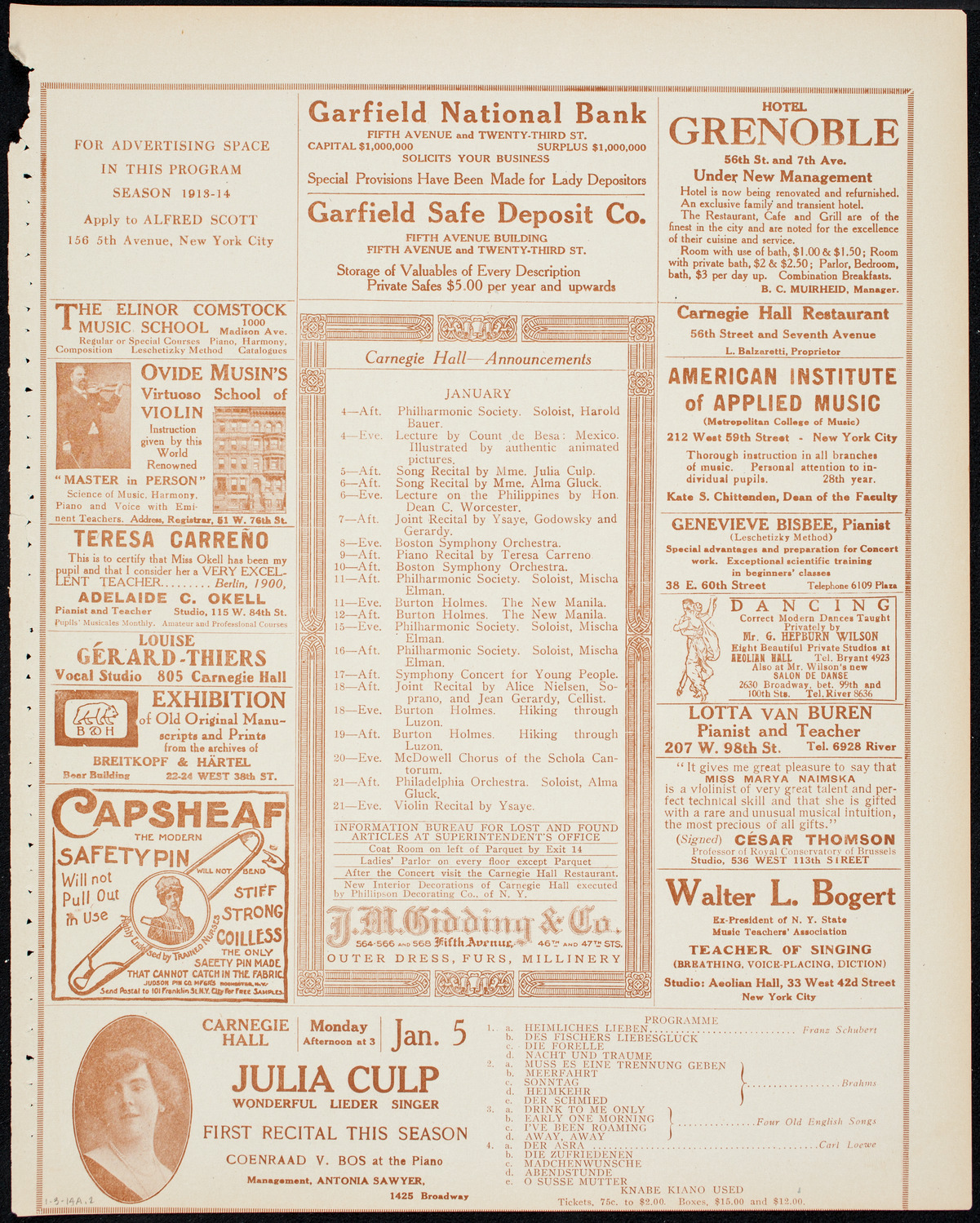 Fritz Kreisler, Violin, January 3, 1914, program page 3