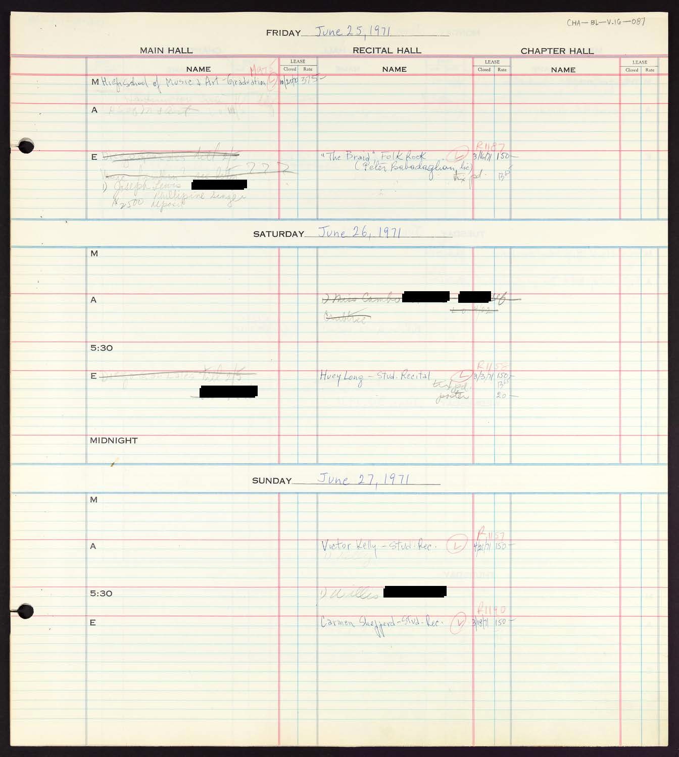 Carnegie Hall Booking Ledger, volume 16, page 87