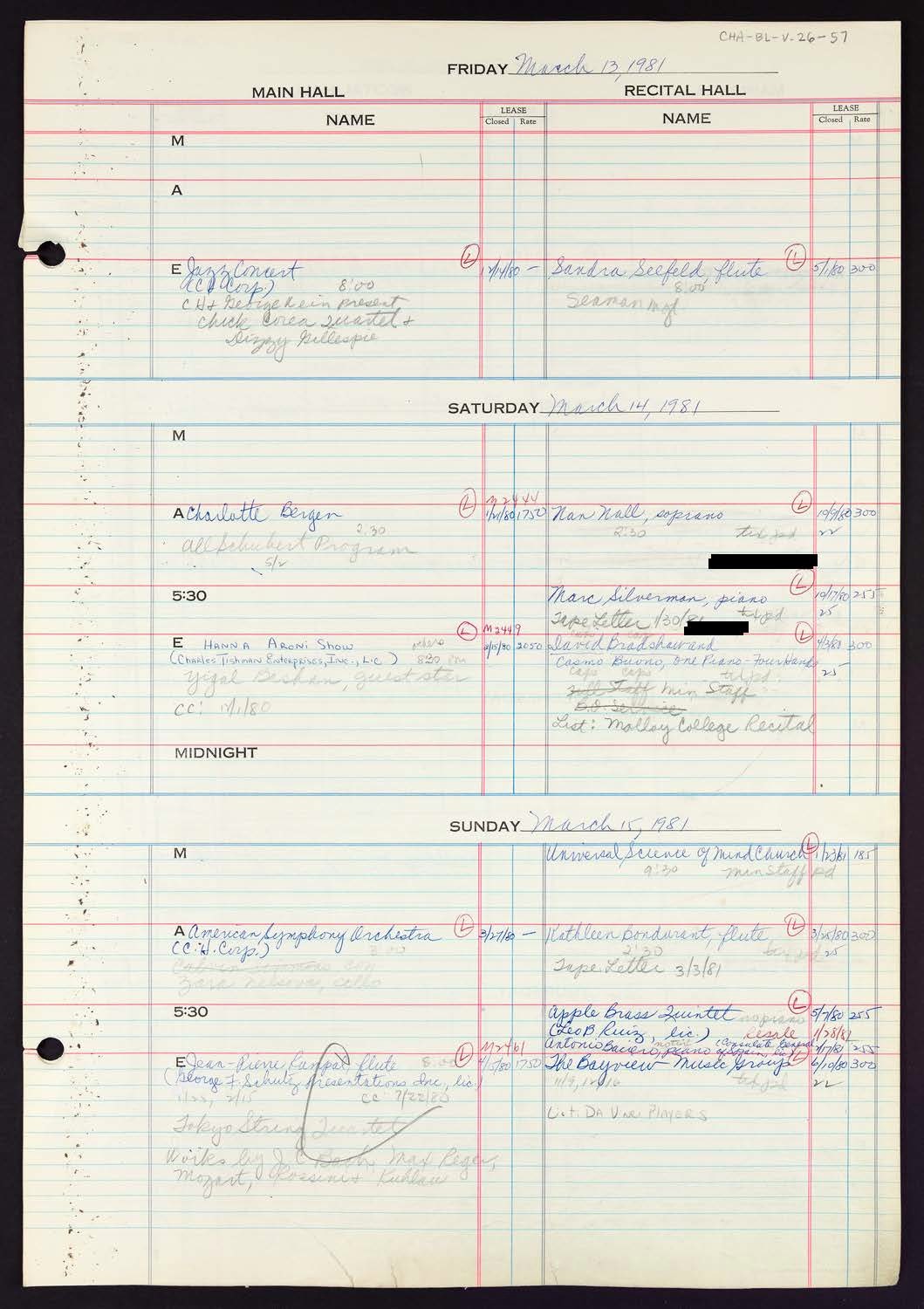 Carnegie Hall Booking Ledger, volume 26, page 57