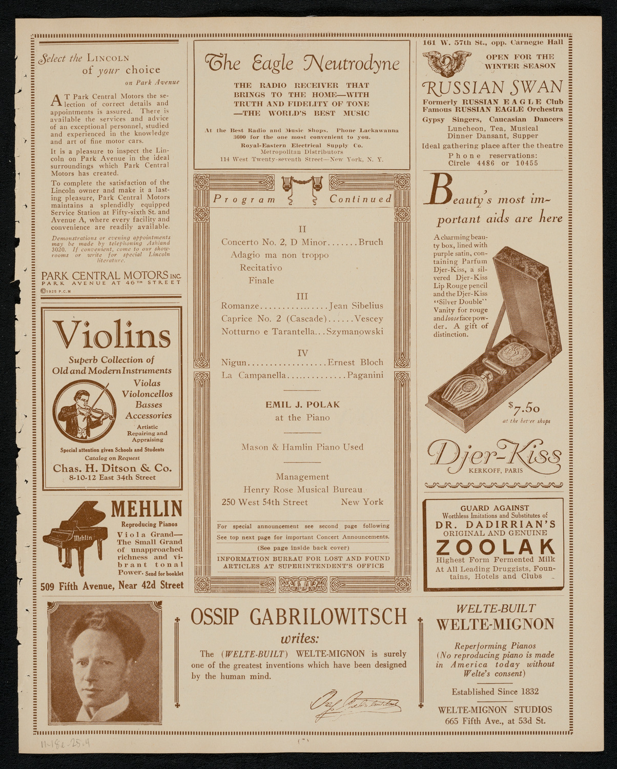 Maximilian Rose, Violin, November 18, 1925, program page 7