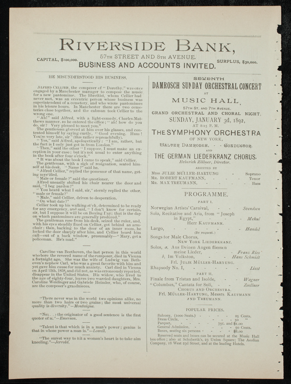 New York Symphony String Quartet, January 3, 1892, program page 8