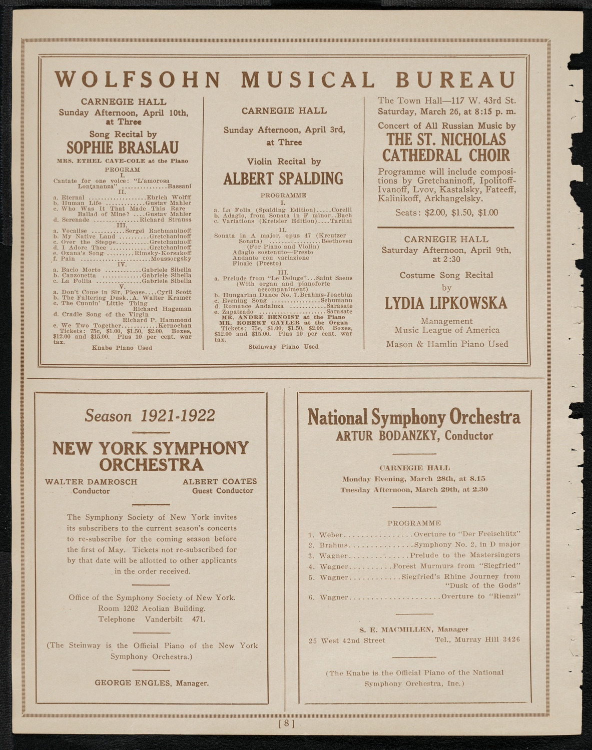 National Symphony Orchestra, March 25, 1921, program page 8