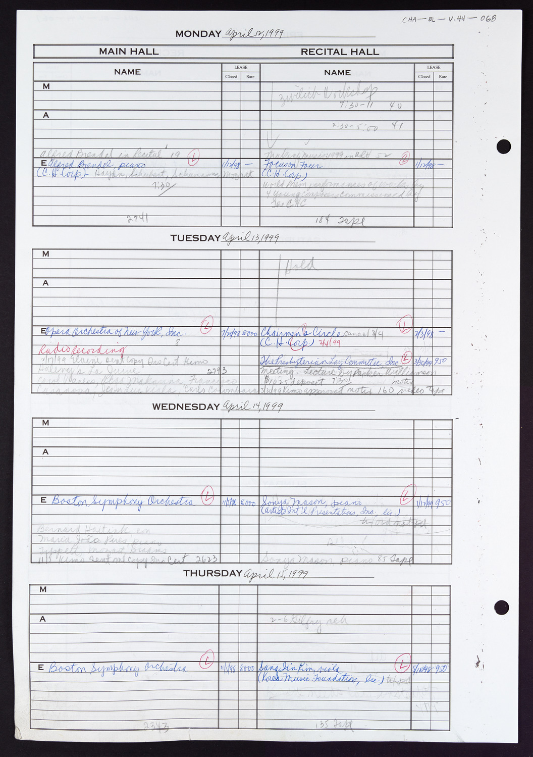 Carnegie Hall Booking Ledger, volume 44, page 68