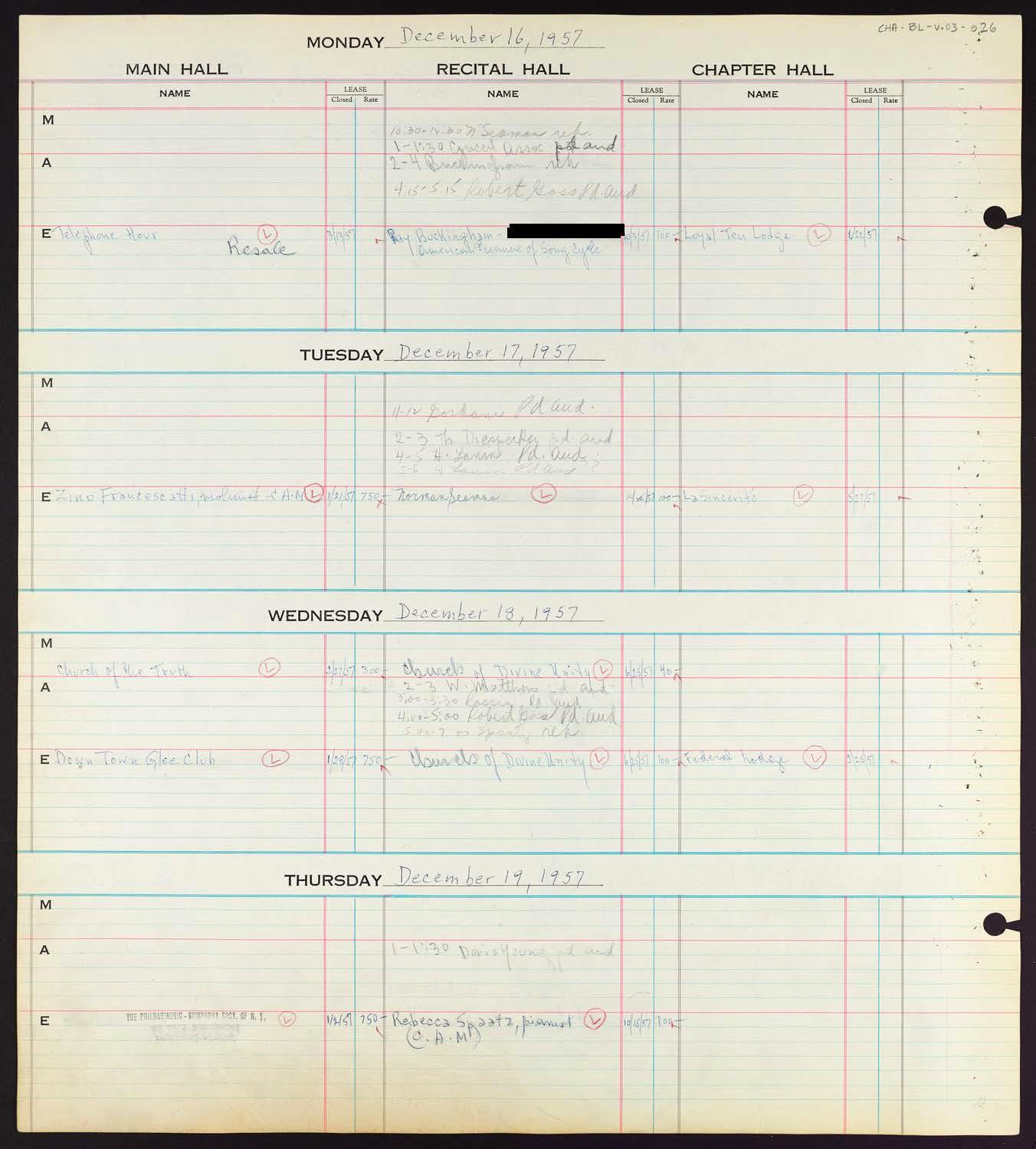 Carnegie Hall Booking Ledger, volume 3, page 26