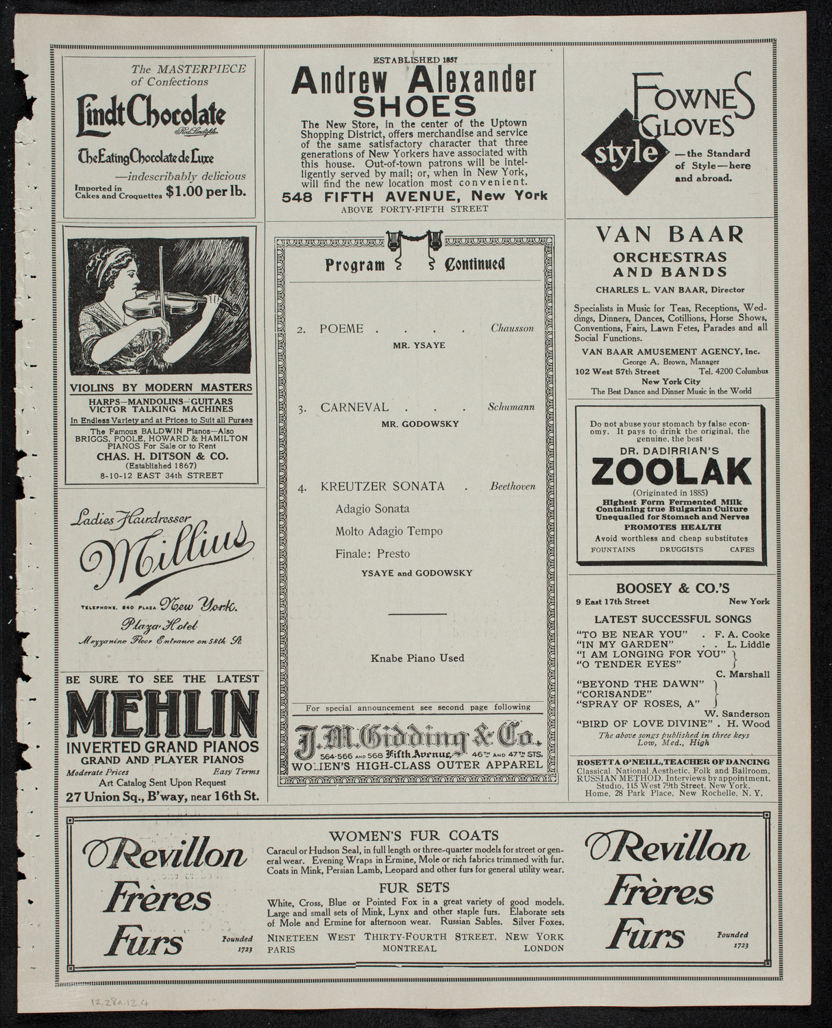 Eugène Ysaÿe, Violin, and Leopold Godowsky, Piano, December 28, 1912, program page 7