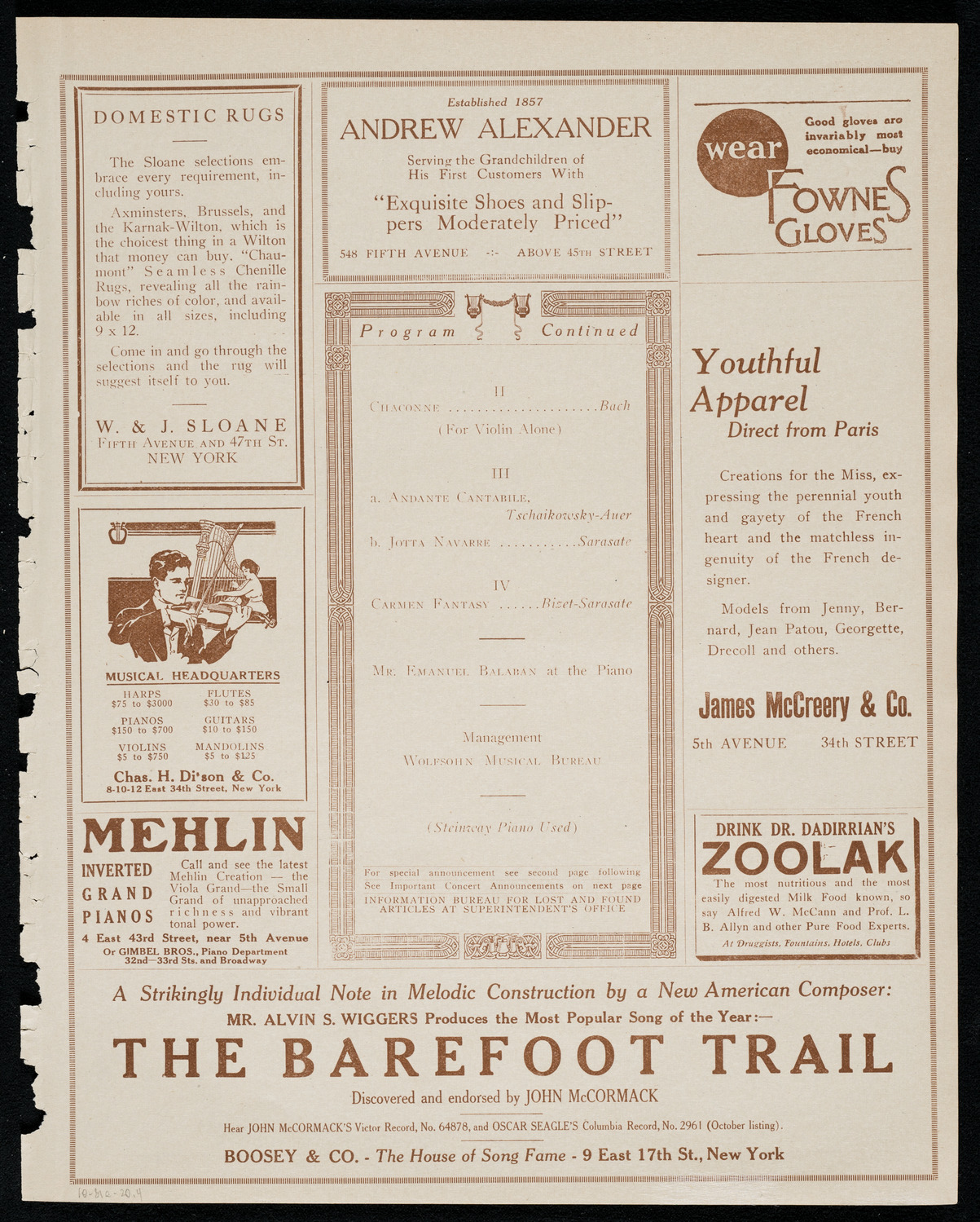 Efrem Zimbalist, Violin, October 31, 1920, program page 7