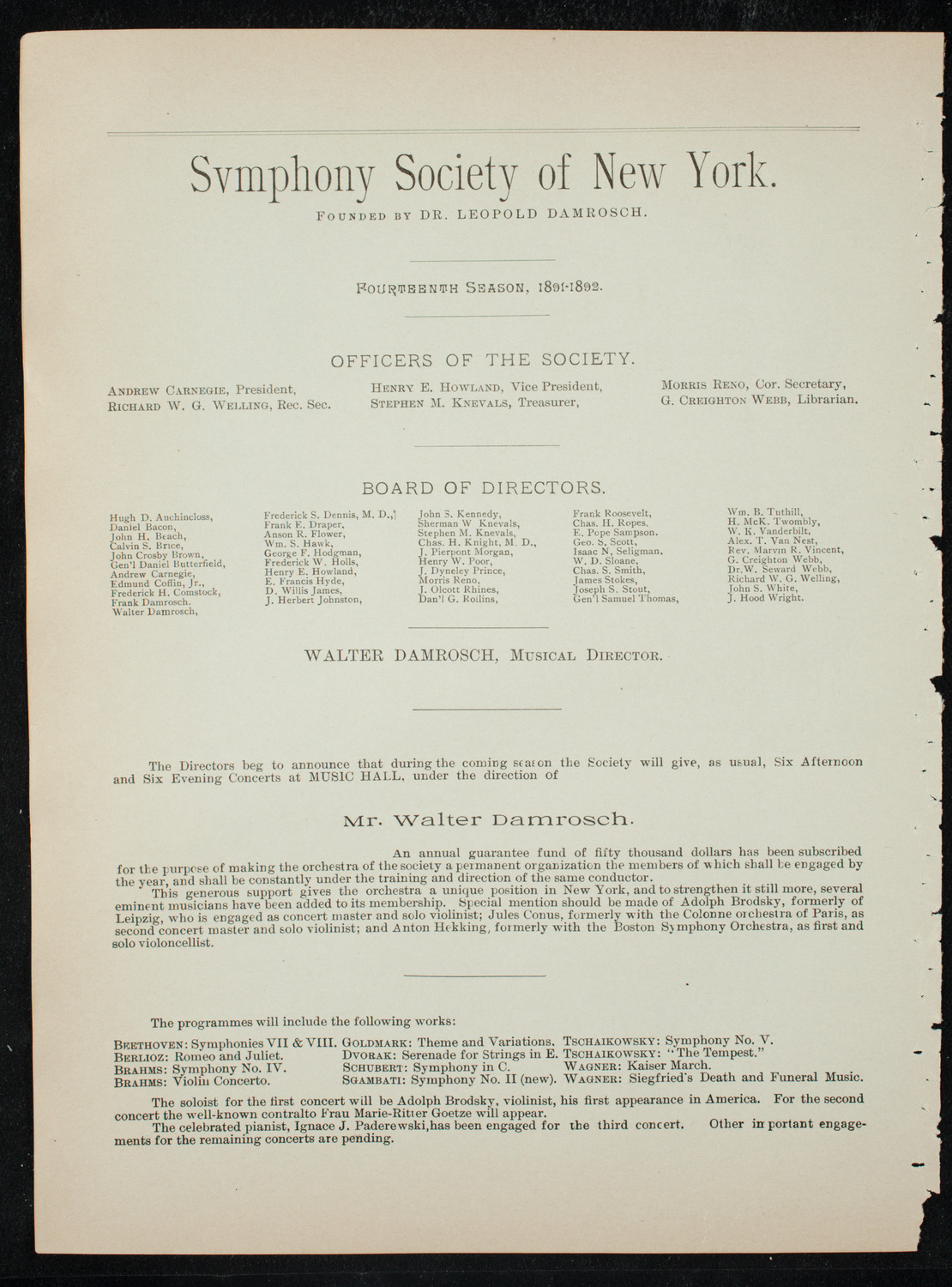 Oratorio Society of New York, November 27, 1891, program page 2