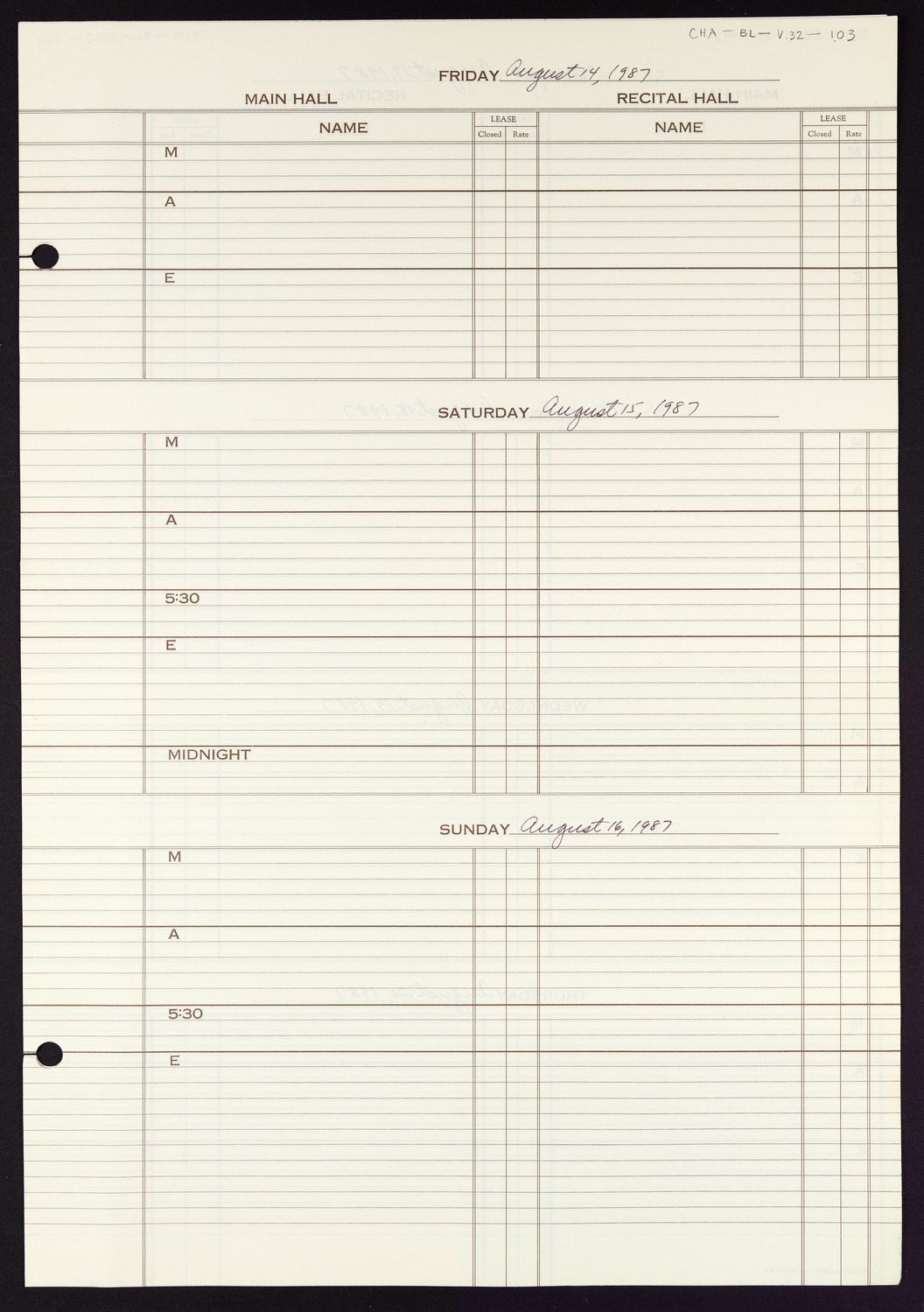 Carnegie Hall Booking Ledger, volume 32, page 103