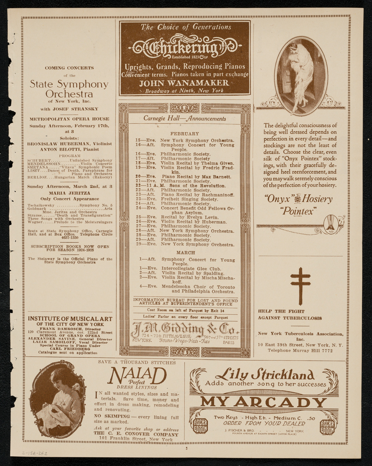 New York Philharmonic, February 15, 1924, program page 3