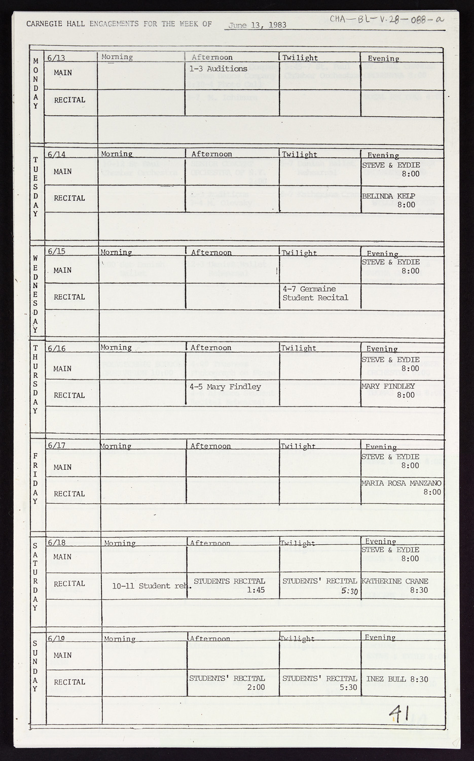 Carnegie Hall Booking Ledger, volume 28, page 88a