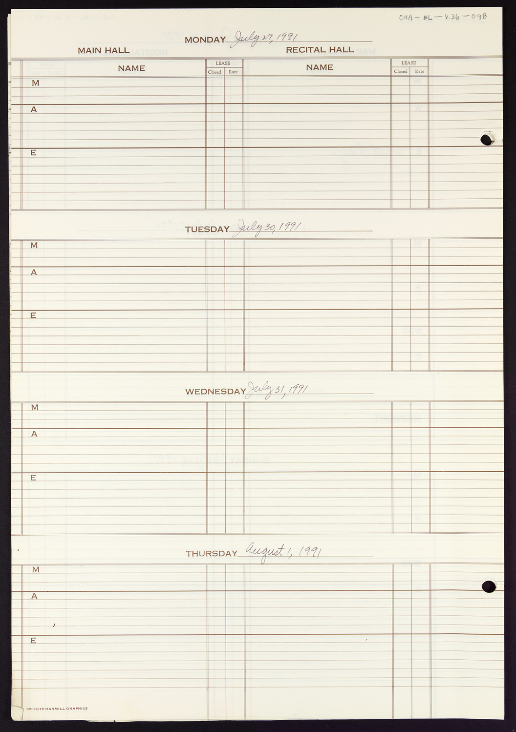 Carnegie Hall Booking Ledger, volume 36, page 98