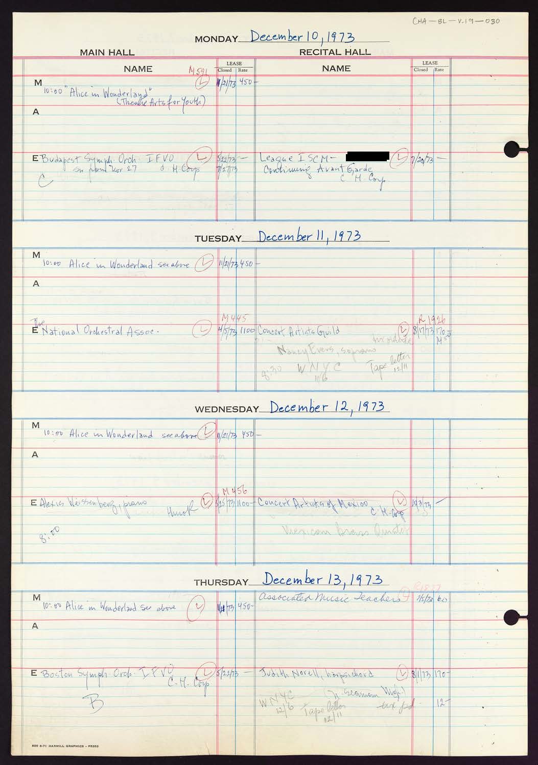 Carnegie Hall Booking Ledger, volume 19, page 30