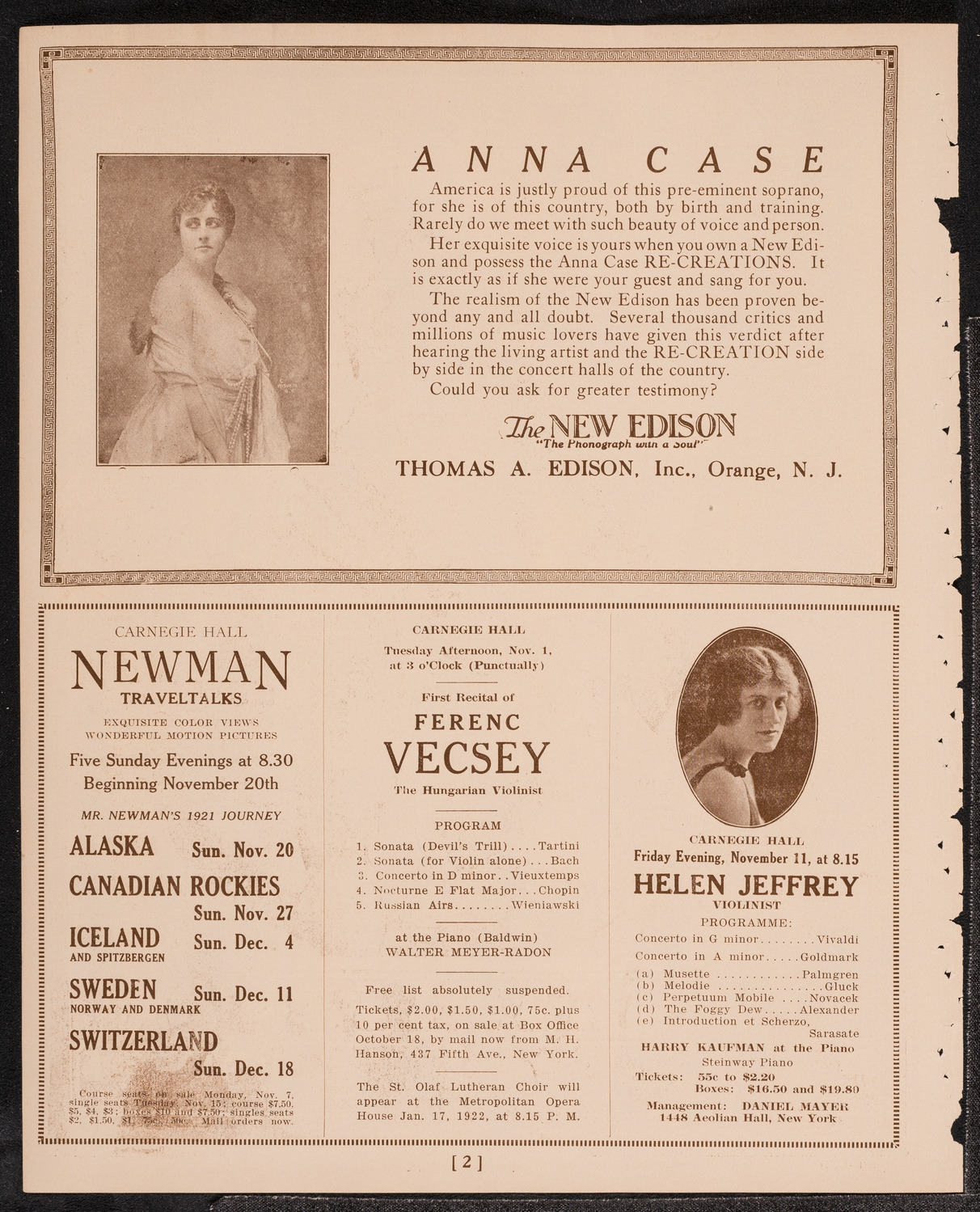 Emmy Destinn, Soprano, October 28, 1921, program page 2