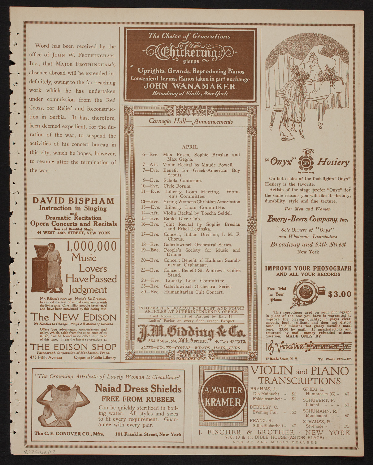 Jascha Heifetz, Violin, April 6, 1918, program page 3