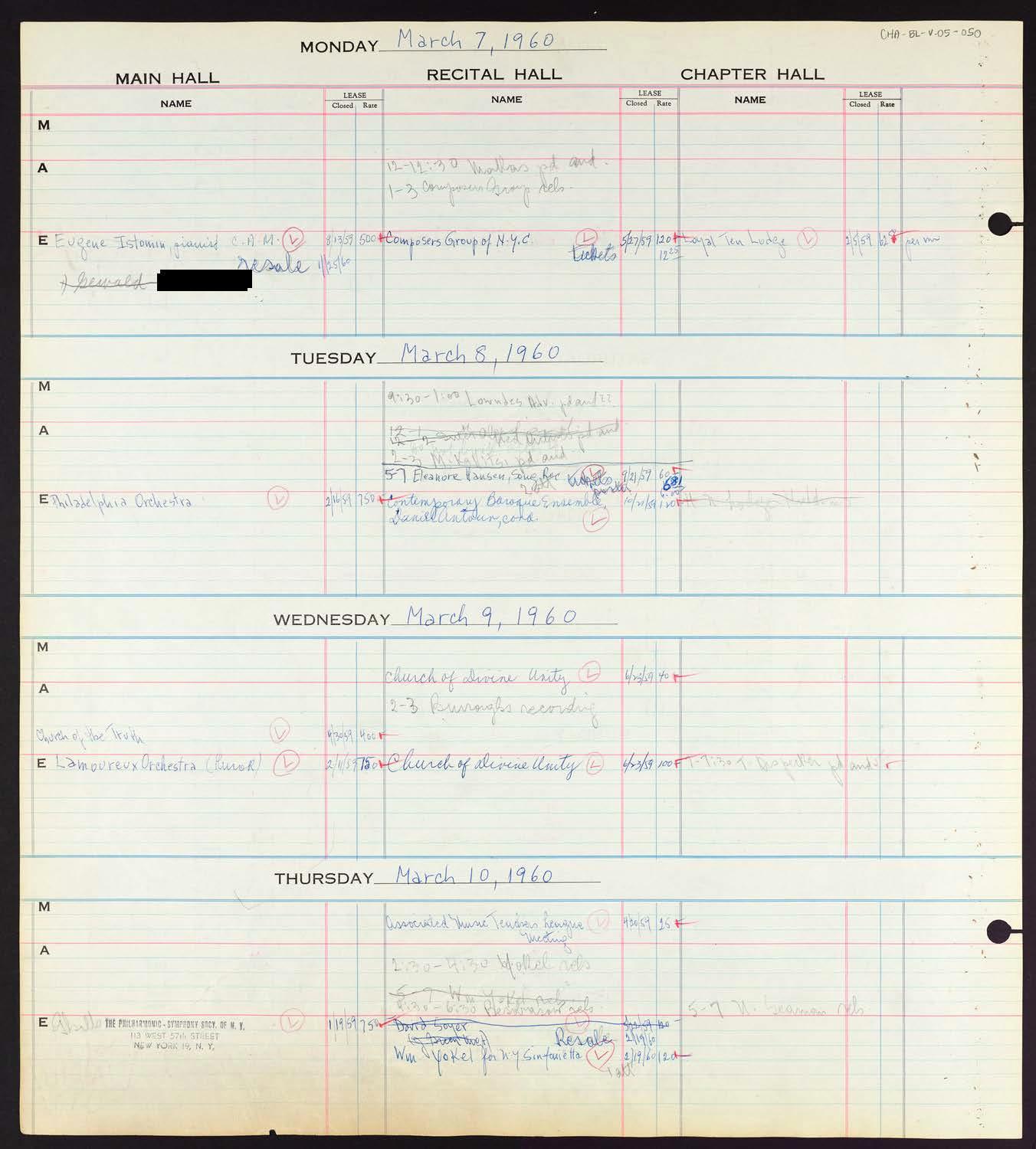 Carnegie Hall Booking Ledger, volume 5, page 50