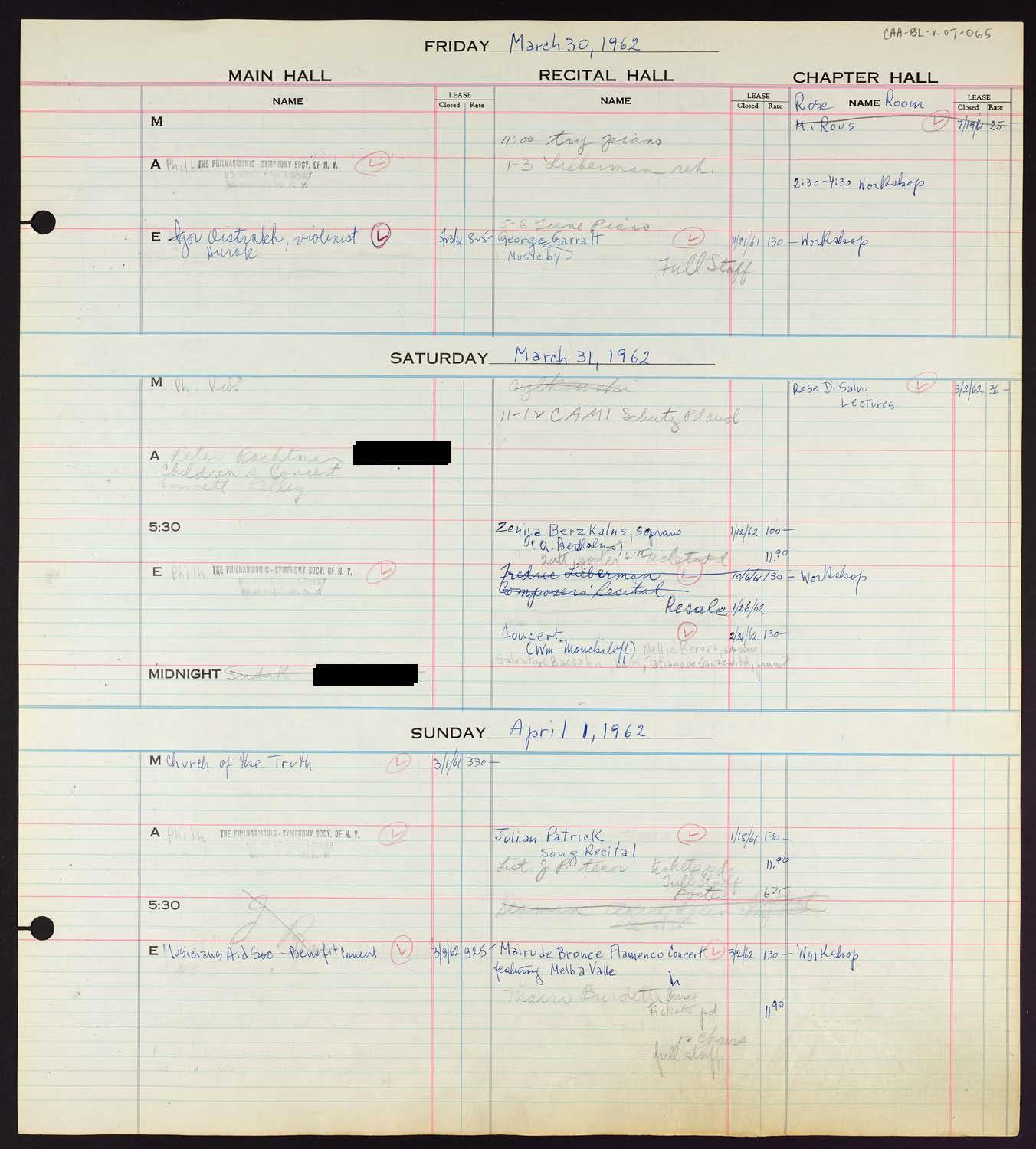 Carnegie Hall Booking Ledger, volume 7, page 65