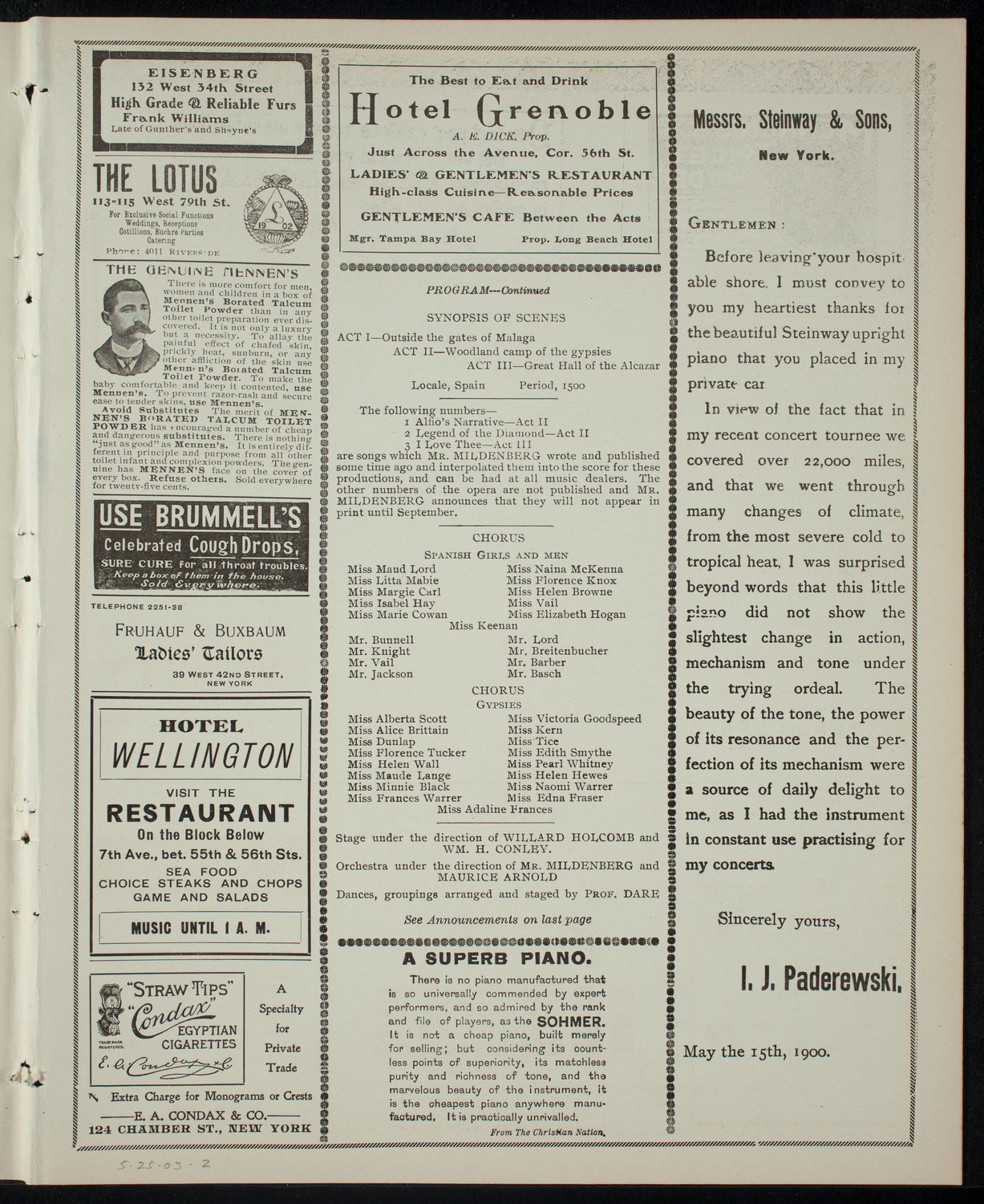 Opera Presentation by Albert Mildenberg, May 25, 1903, program page 3