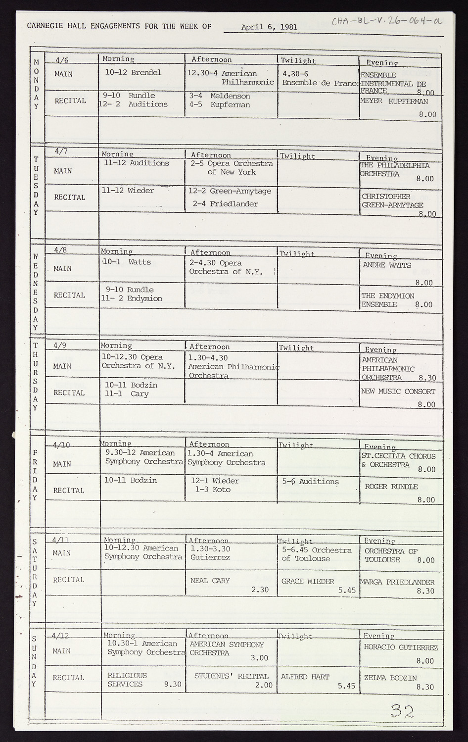 Carnegie Hall Booking Ledger, volume 26, page 64a