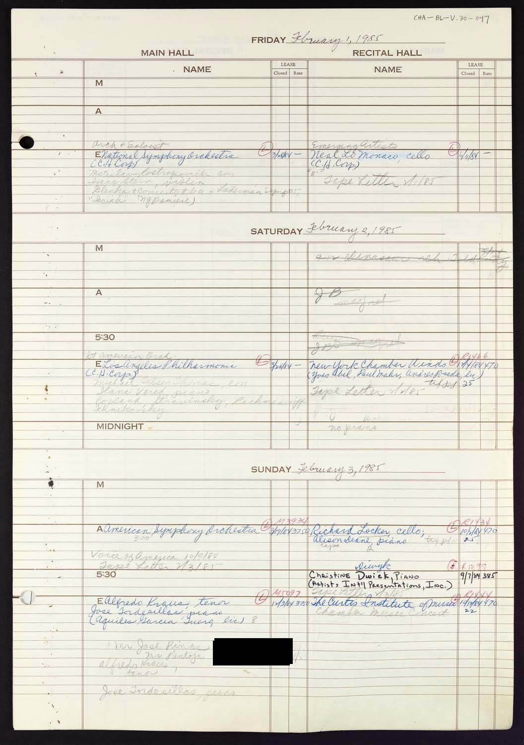 Carnegie Hall Booking Ledger, volume 30, page 47