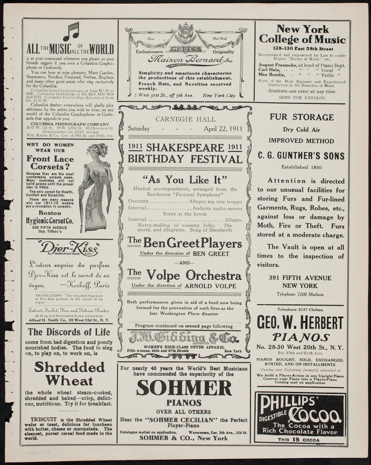 Shakespeare Birthday Festival: The Ben Greet Players and The Volpe Symphony Orchestra, April 22, 1911, program page 5