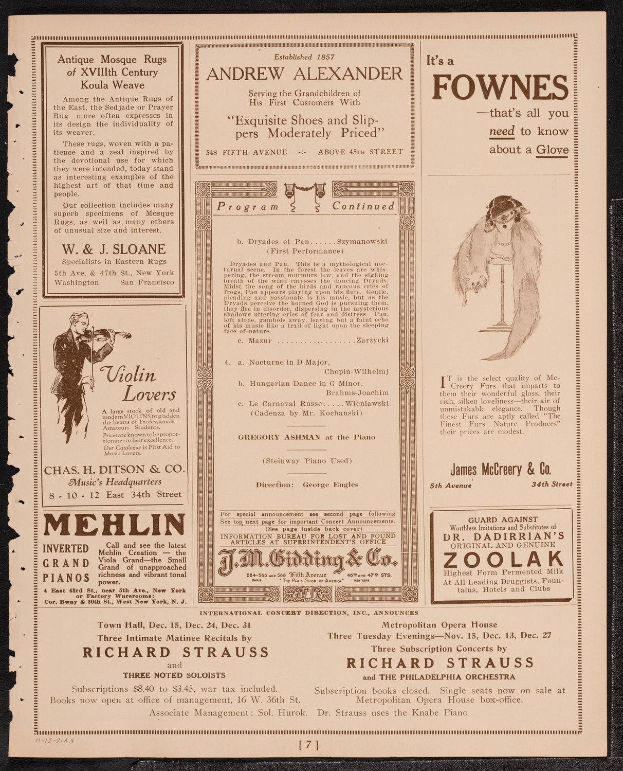 Paul Kochanski, Violin, November 12, 1921, program page 7
