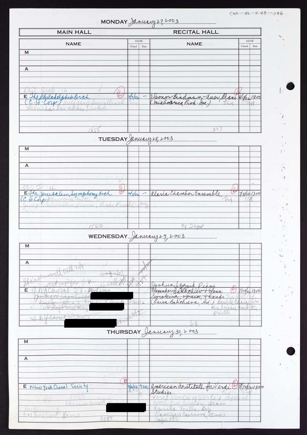 Carnegie Hall Booking Ledger, volume 48, page 46