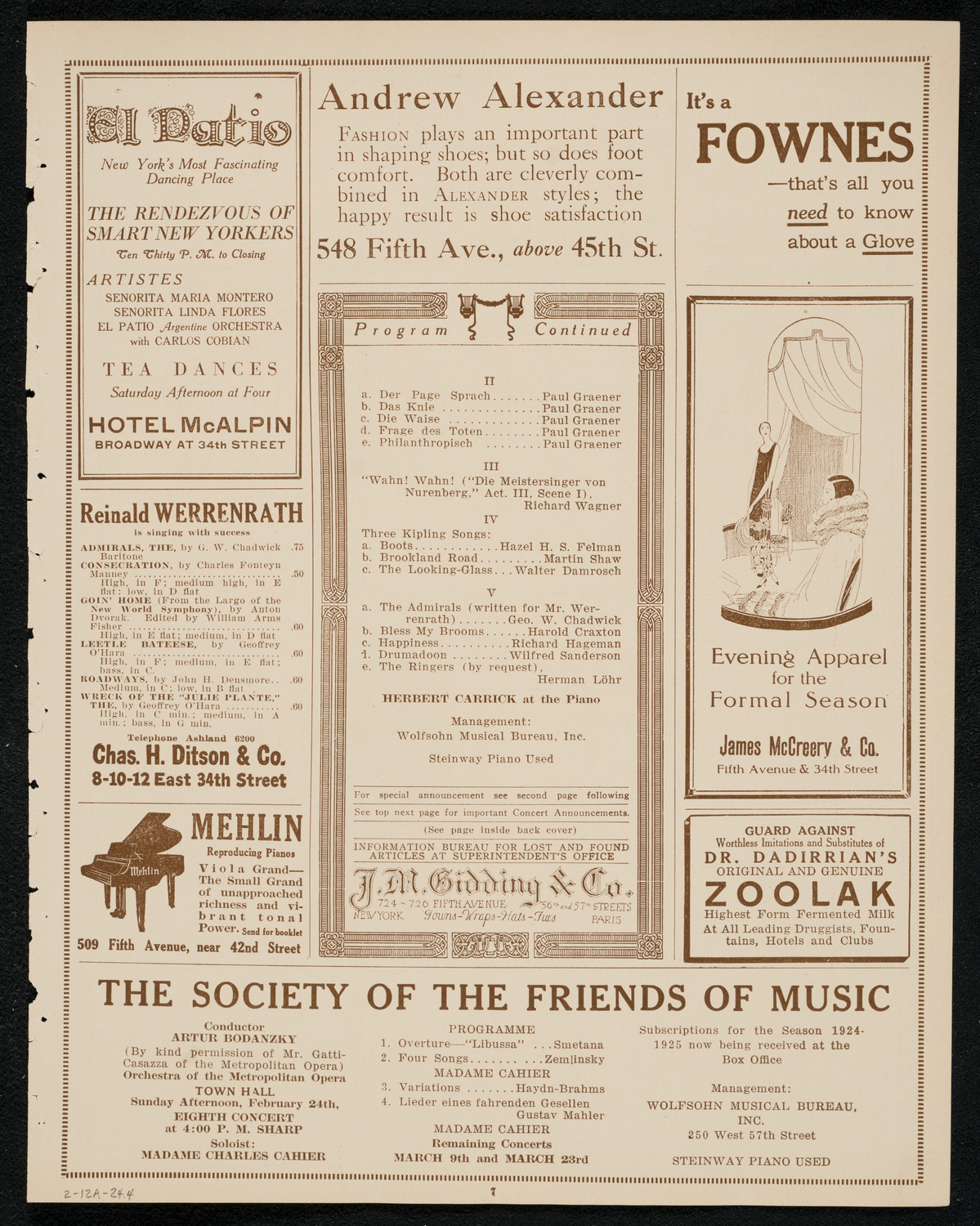 Reinald Werrenrath, Baritone, February 12, 1924, program page 7