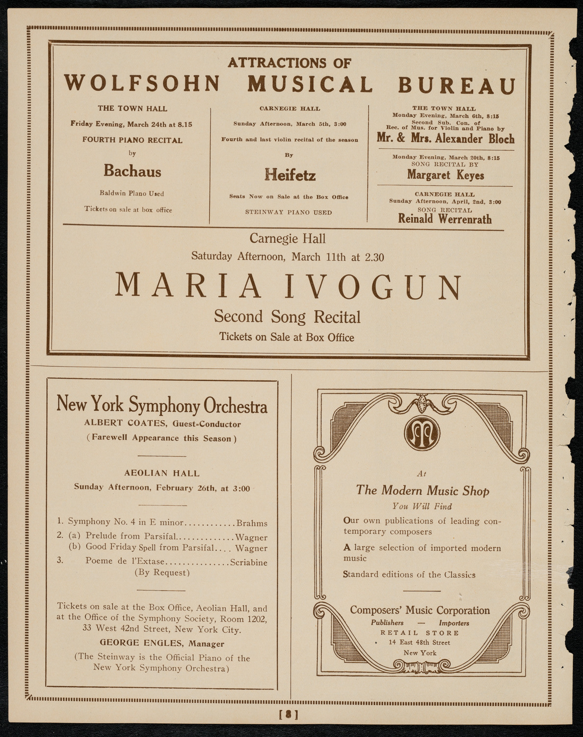 Fritz Kreisler, Violin, February 25, 1922, program page 8