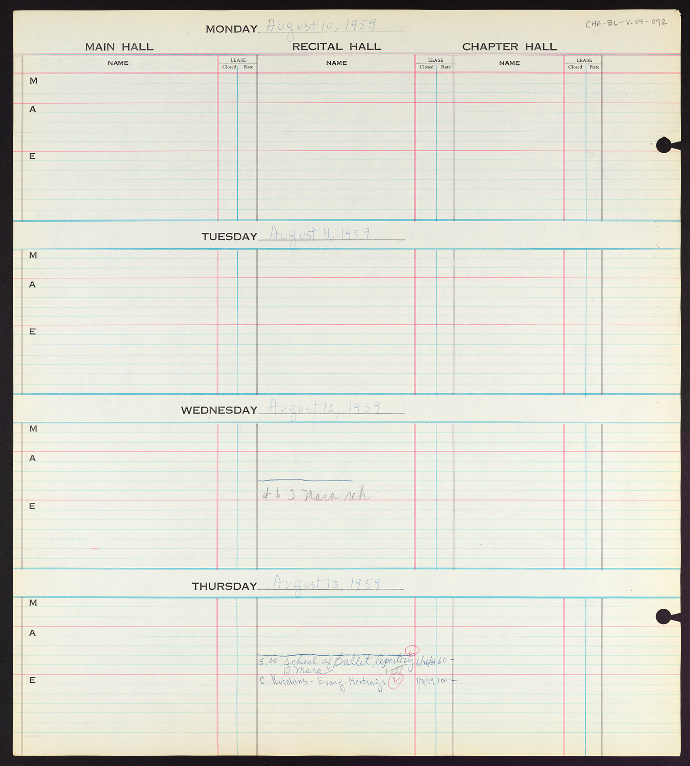 Carnegie Hall Booking Ledger, volume 4, page 92