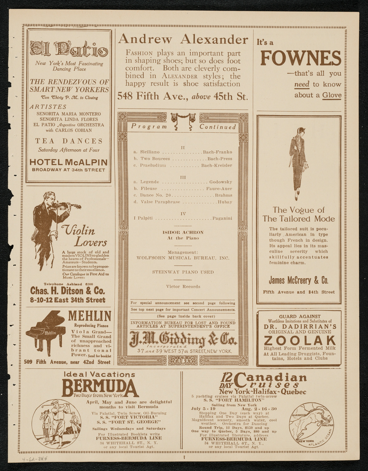 Jascha Heifetz, Violin, April 6, 1924, program page 7