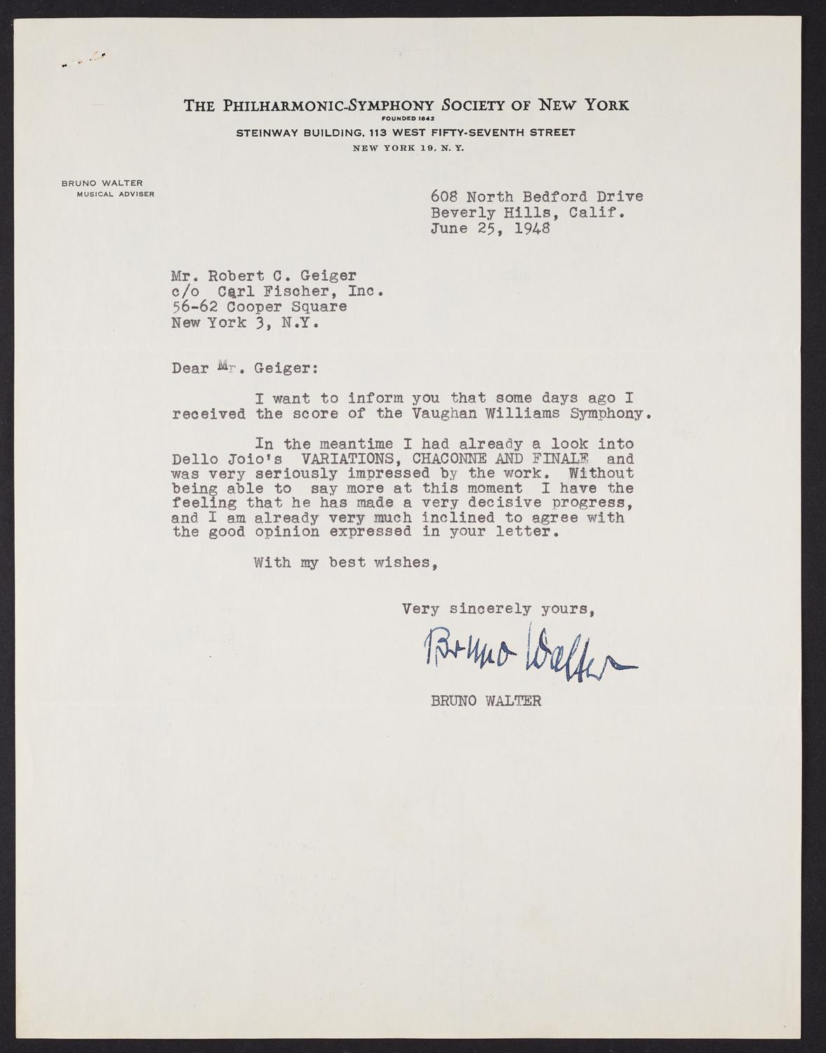 Correspondence from Bruno Walter to Robert Geiger, page 2 of 3