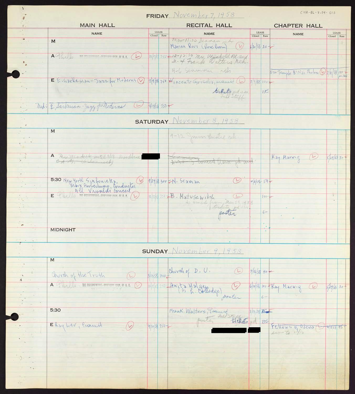 Carnegie Hall Booking Ledger, volume 4, page 13