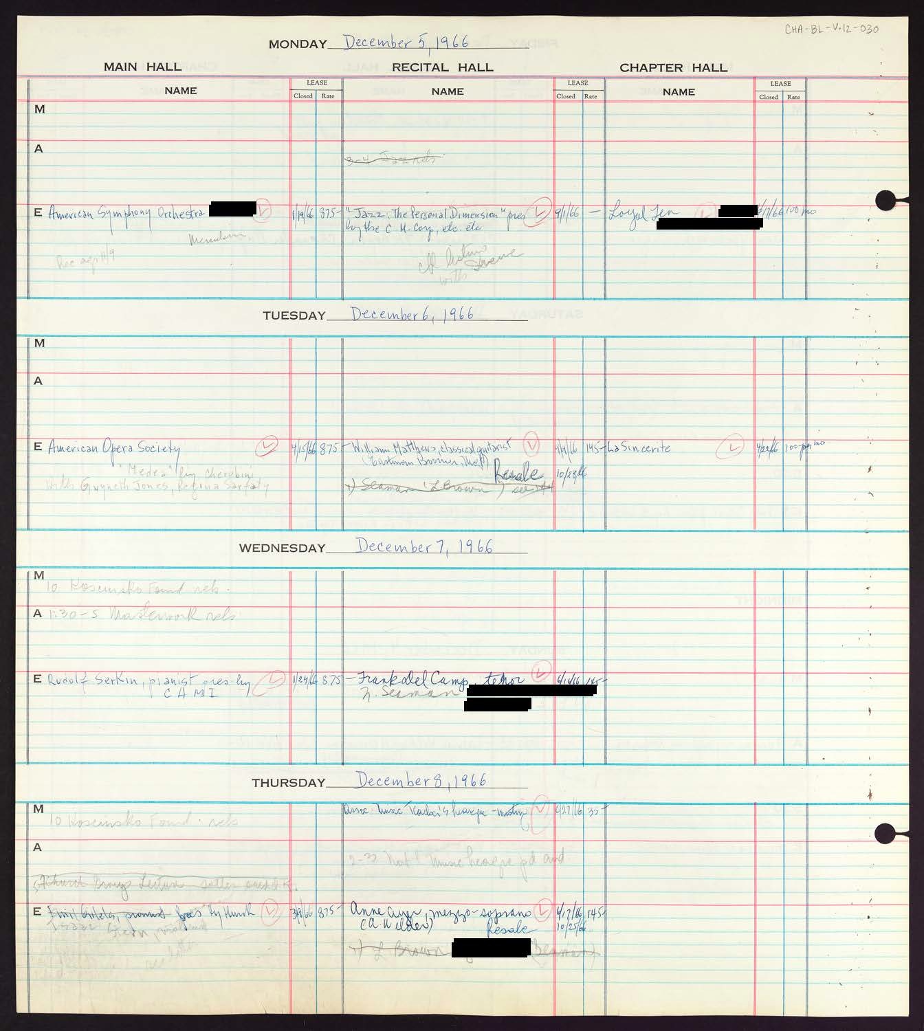 Carnegie Hall Booking Ledger, volume 12, page 30