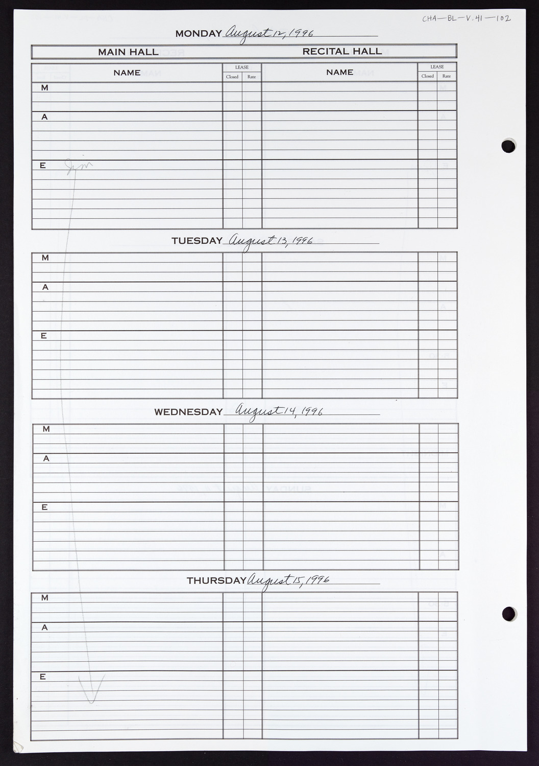 Carnegie Hall Booking Ledger, volume 41, page 102