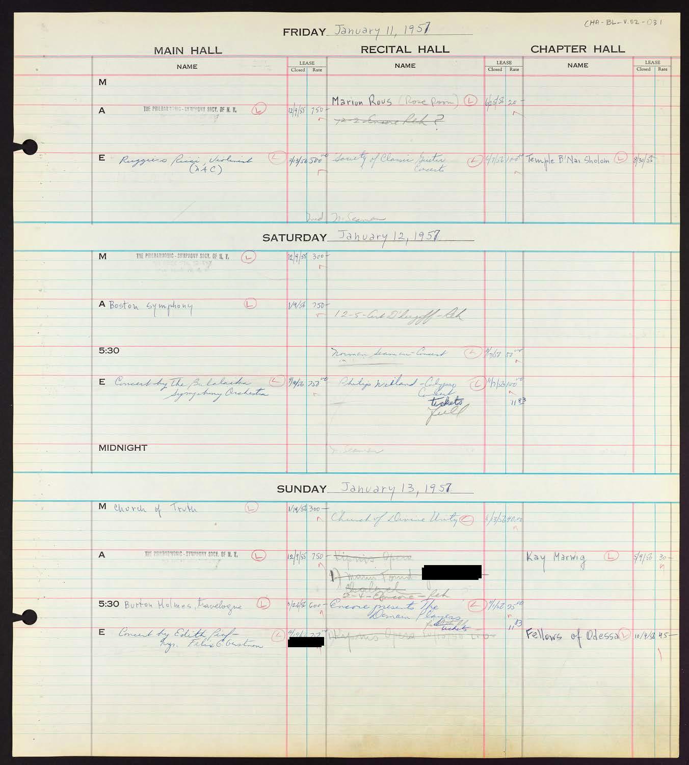 Carnegie Hall Booking Ledger, volume 2, page 31