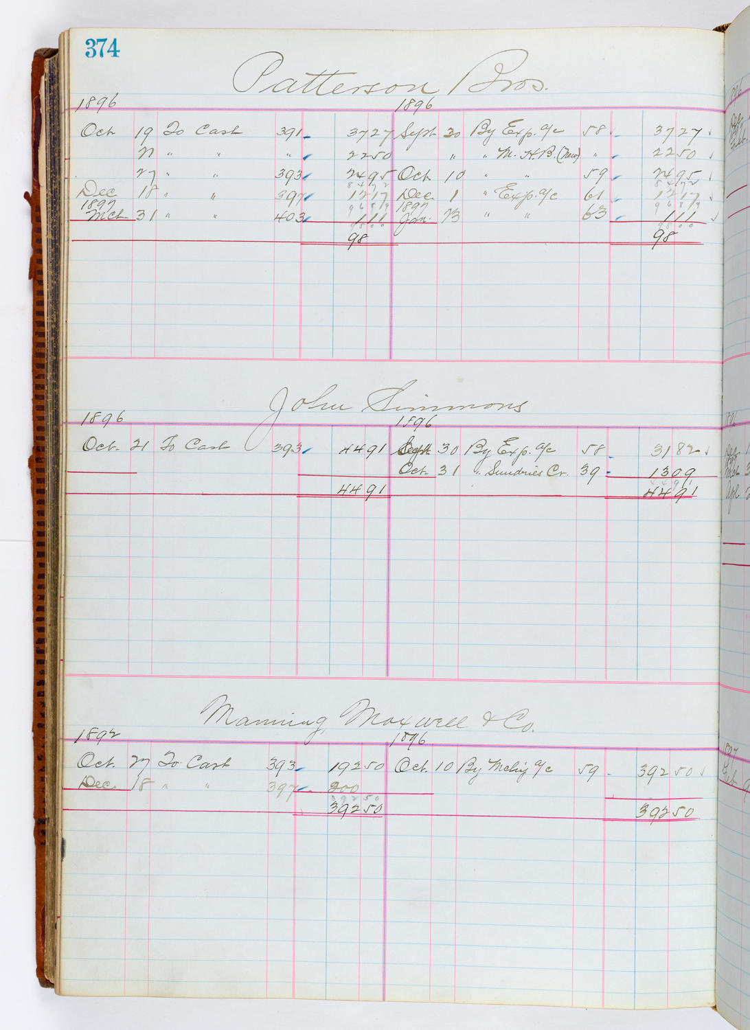 Music Hall Accounting Ledger, volume 1, page 374