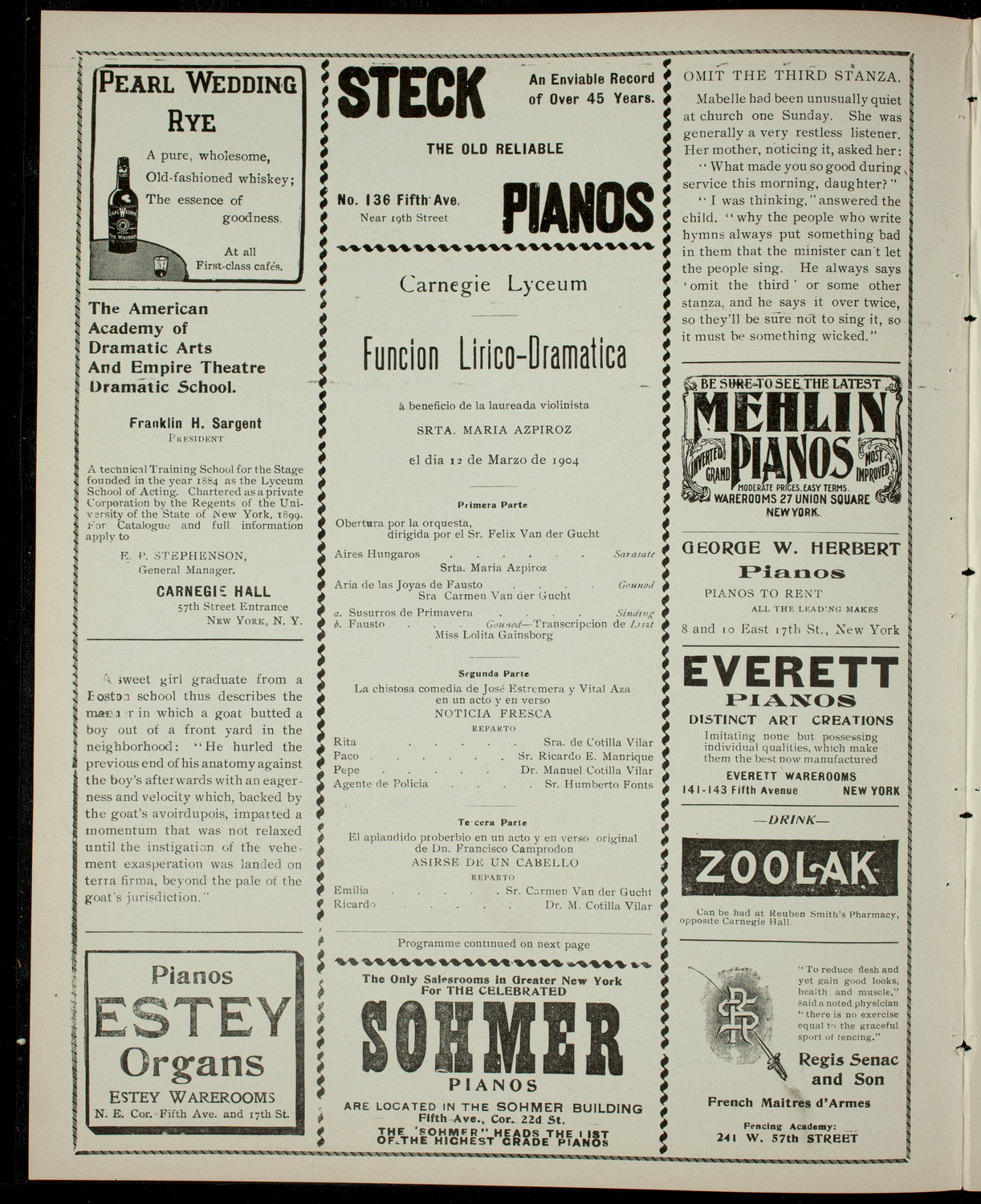 Benefit: Maria Azpiroz, March 12, 1904, program page 2