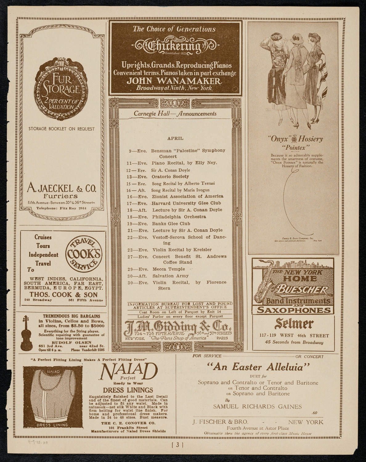 Germaine Schnitzer, Piano, with May Peterson, Soprano, and Rubin Davis, Violin, April 9, 1922, program page 3
