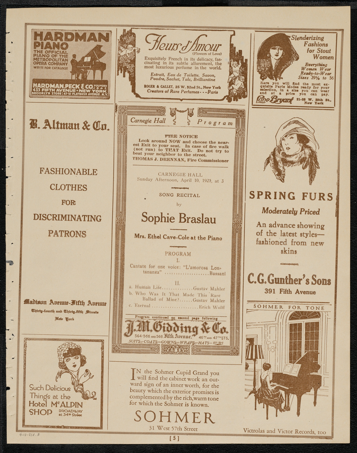 Sophie Braslau, Contralto, April 10, 1921, program page 5