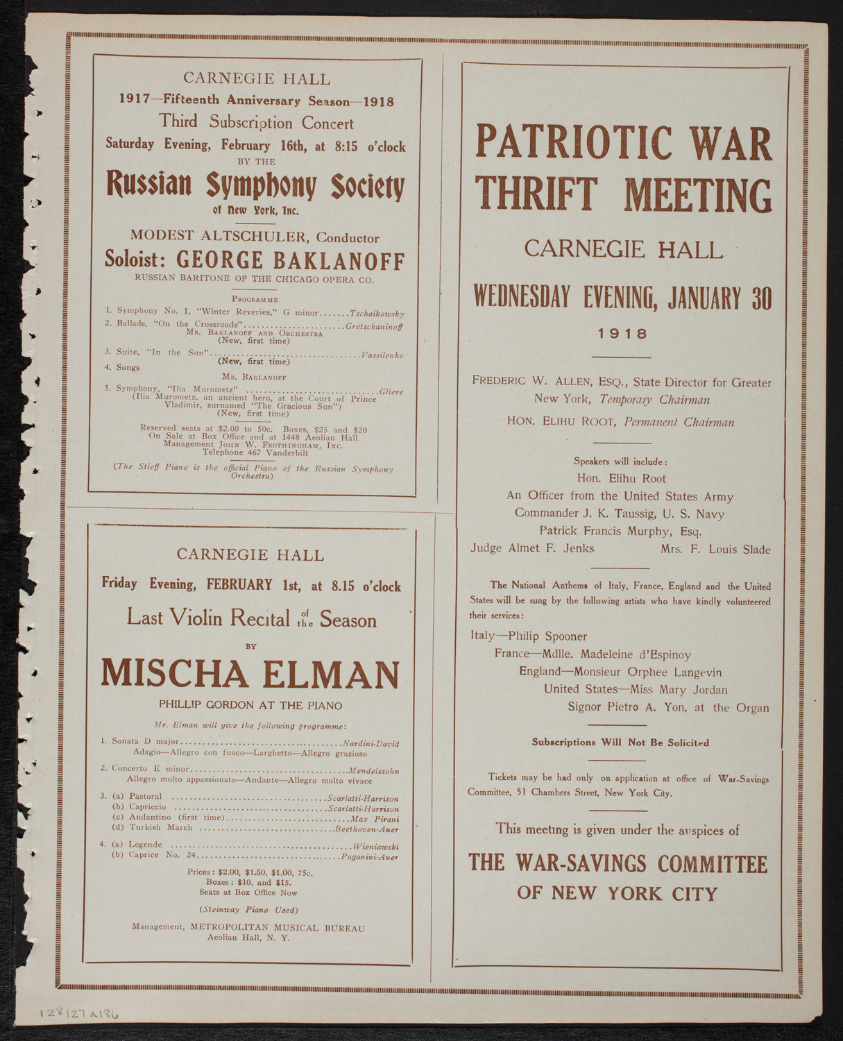 New York Philharmonic, January 27, 1918, program page 11