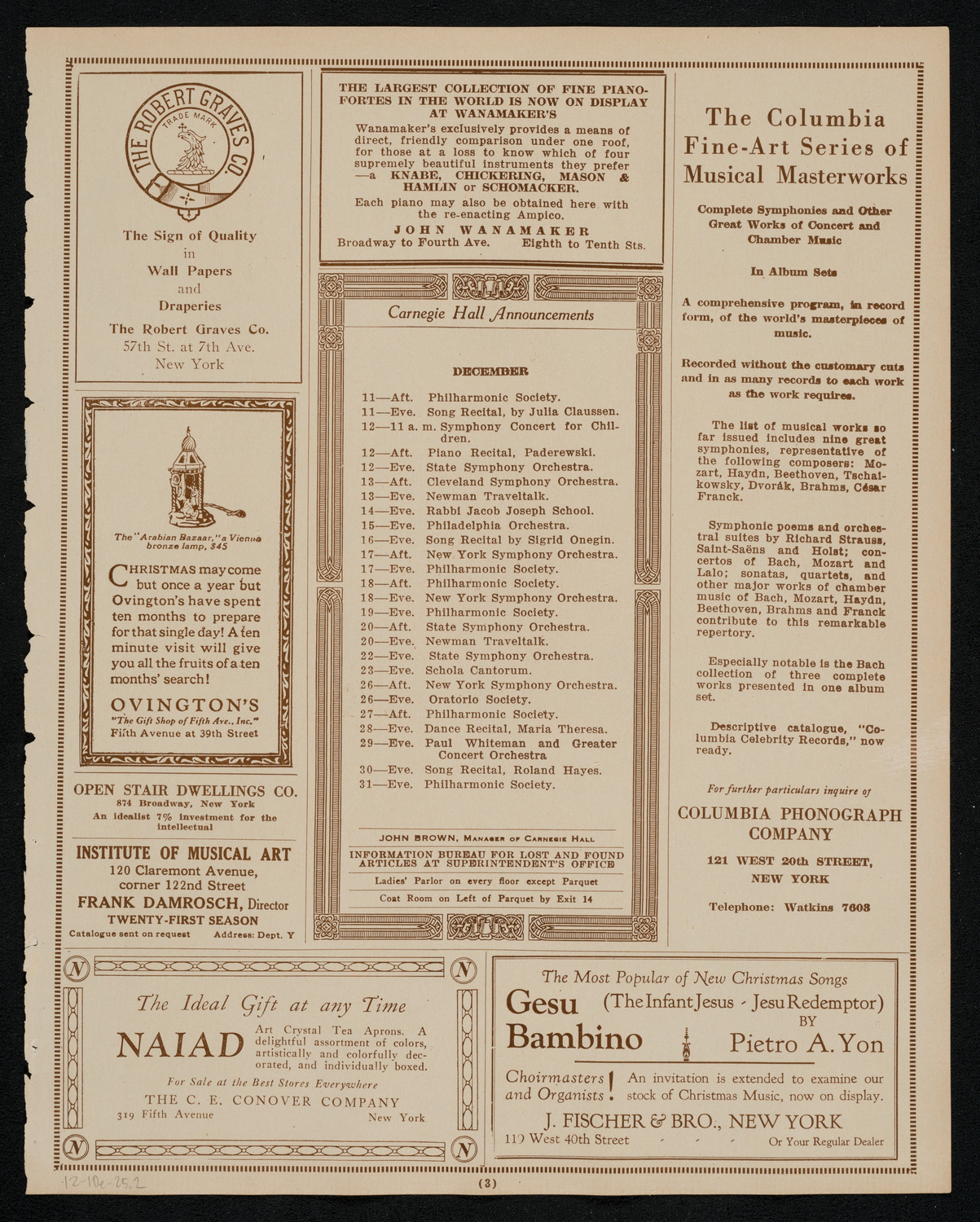 New York Philharmonic, December 10, 1925, program page 3