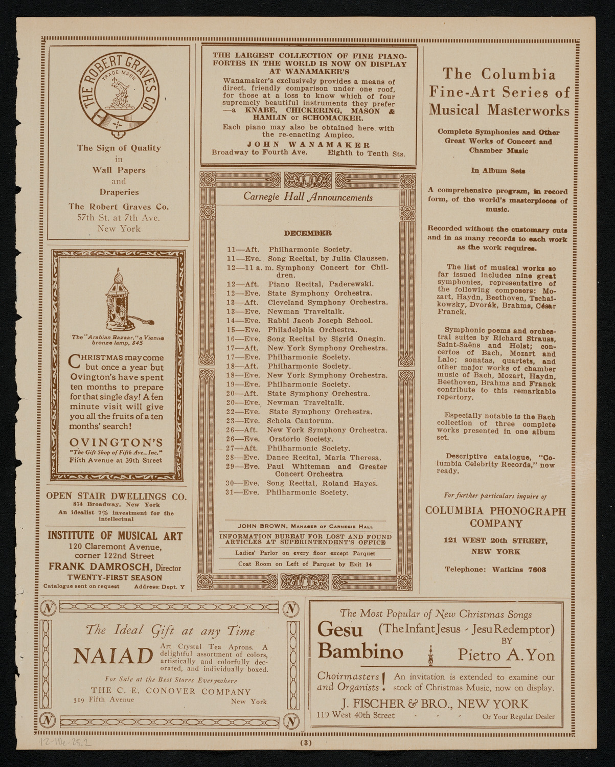 New York Philharmonic, December 10, 1925, program page 3