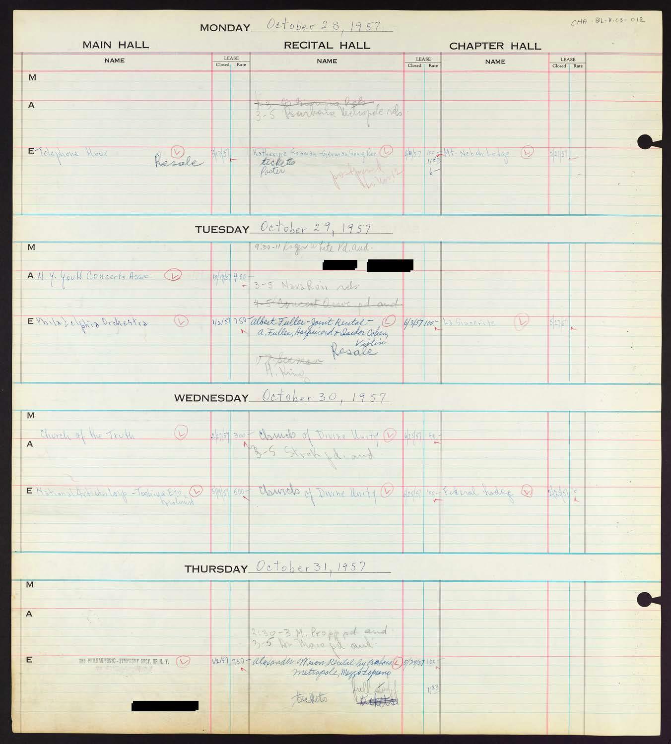 Carnegie Hall Booking Ledger, volume 3, page 12