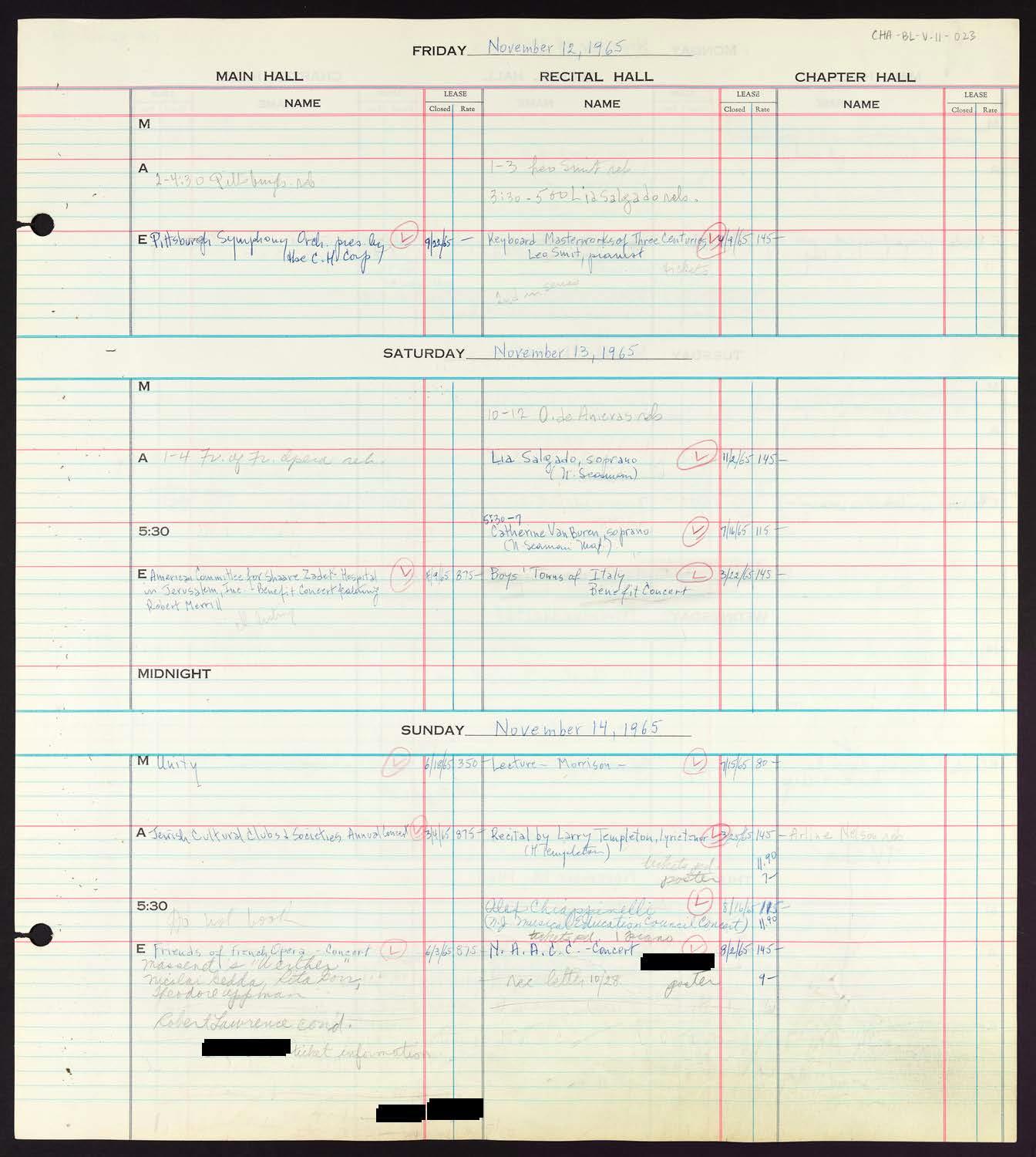 Carnegie Hall Booking Ledger, volume 11, page 23