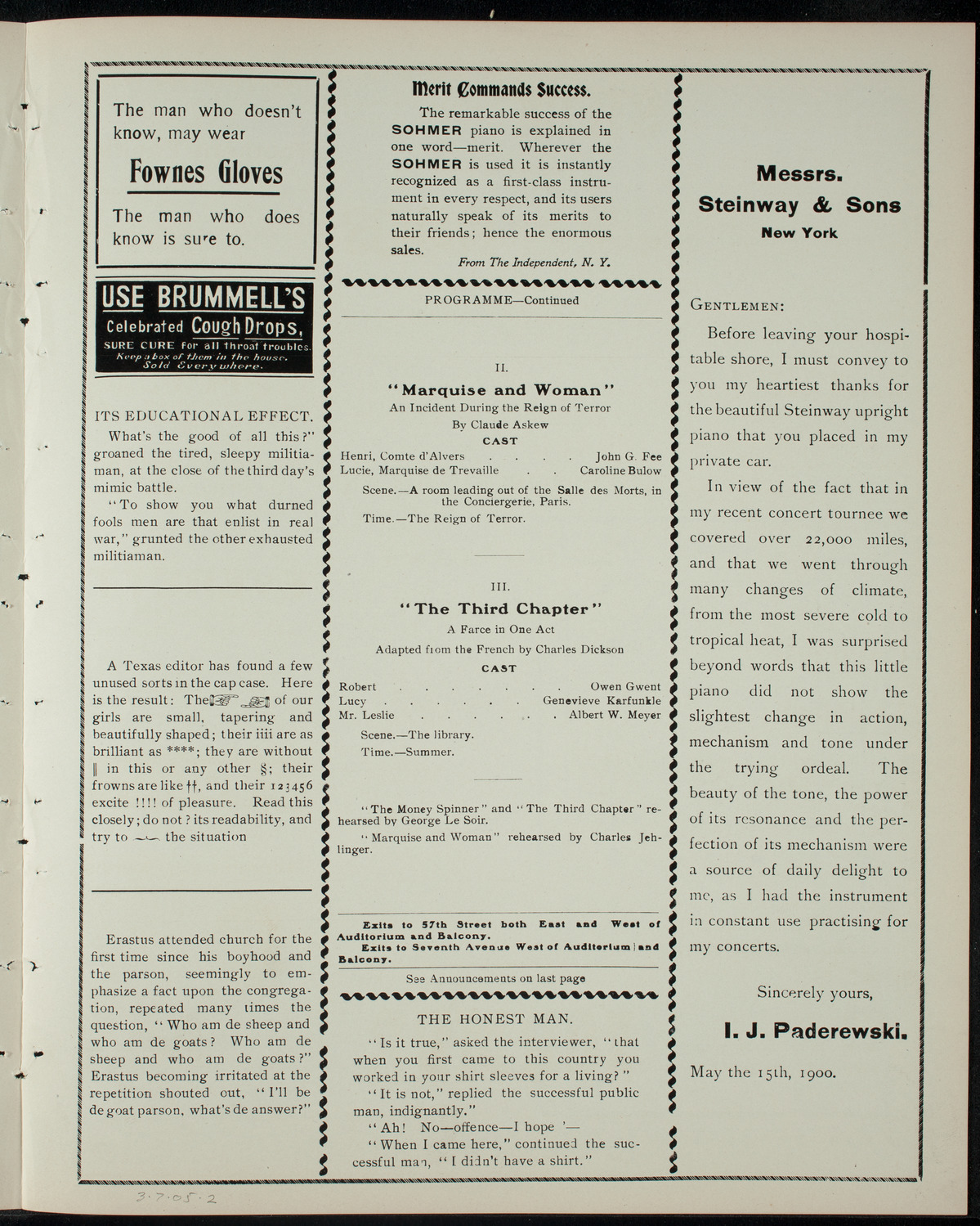 Academy Stock Company of the American Academy of Dramatic Arts/Empire Theatre Dramatic School, March 7, 1905, program page 3